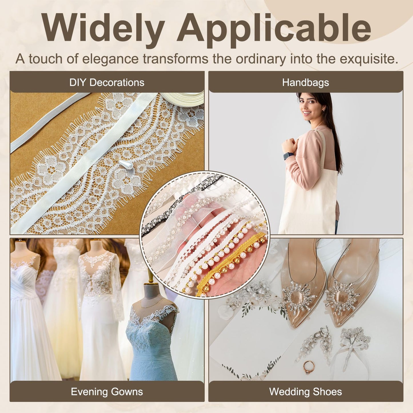 uxcell 2 Yards Pearl Beaded Trim, 1cm Bridal Lace Ribbon Trimming Edge Embellishments for Sewing Wedding Party Dress Fabric DIY Craft, Solid White
