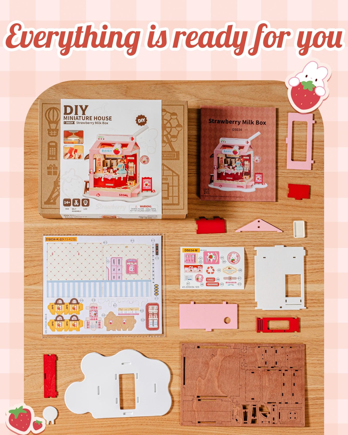 Robotime DIY Miniature House Kit, 1:28 Scale Tea Shop Scale Diorama Dollhouse with LED Lights, 3D Wooden Puzzle for Adults, Creative Crafts & Unique Gift for Craft Enthusiasts (Strawberry Milk Box)