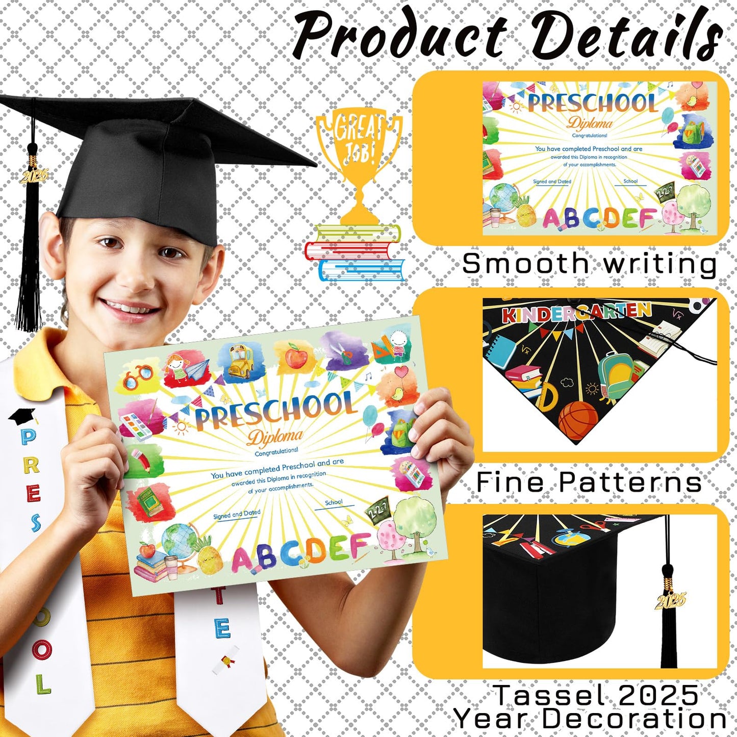 JaGely 3 Pcs Preschool Grade Graduation Set Graduation Cap with 2026 Tassel Graduation Stole Sash with Diploma Certificates Set for Students Supplies Teachers Parents Graduation Gifts