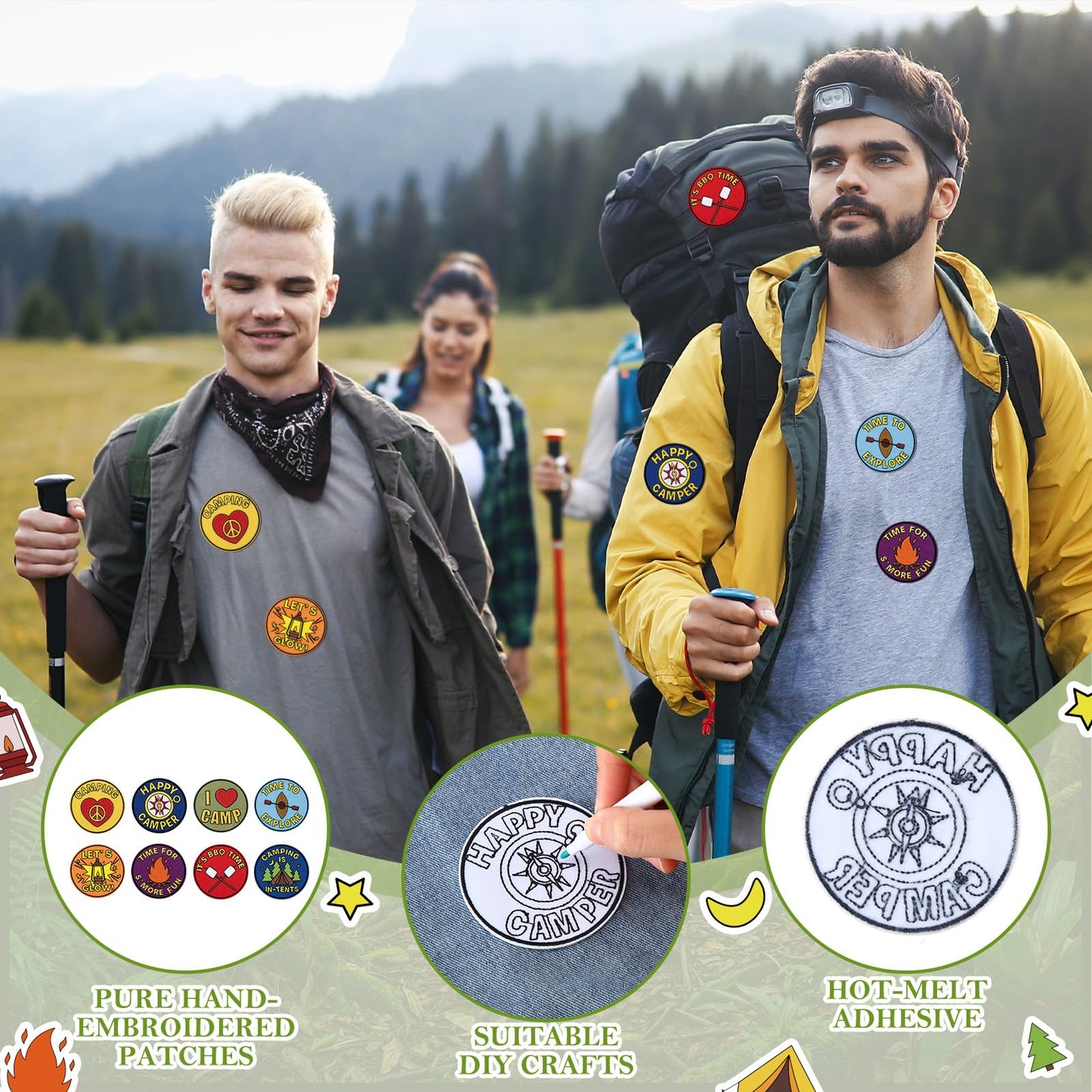 Lyrow 24 Pcs Camping Crafts Color Your Own Iron on Camp Patches Camping Coloring Iron on Embroidered Patches for Camp Party Activities DIY Clothes Hats Bags Backpack Sew Making