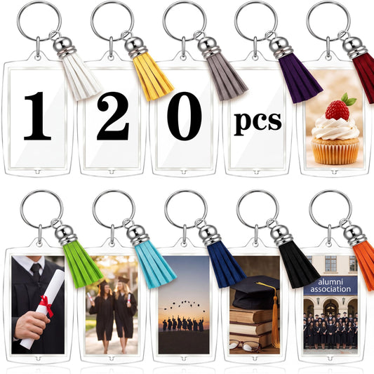 Yaomiao 120 Set Acrylic Photo Keychain with Tassel Clear Blank Custom Keychain Frame Holder Insert Picture Keyring Making Kit (Rectangle)