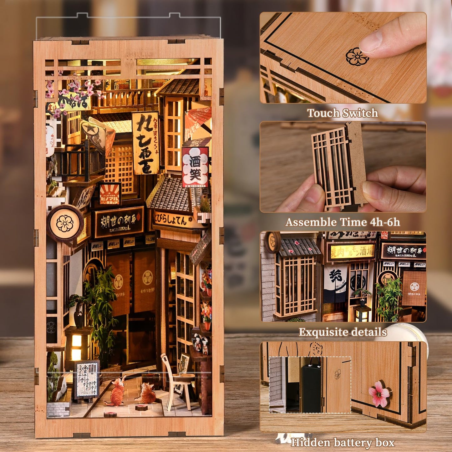 DIY Book Nook Kit, 3D Wooden Puzzle Bookend with LED Light, Japanese Street Alley Miniature House Model, Creative Shelf Insert Decor & Arts Crafts Gift for Adults Teens (The Alley Waiting for the Cat)