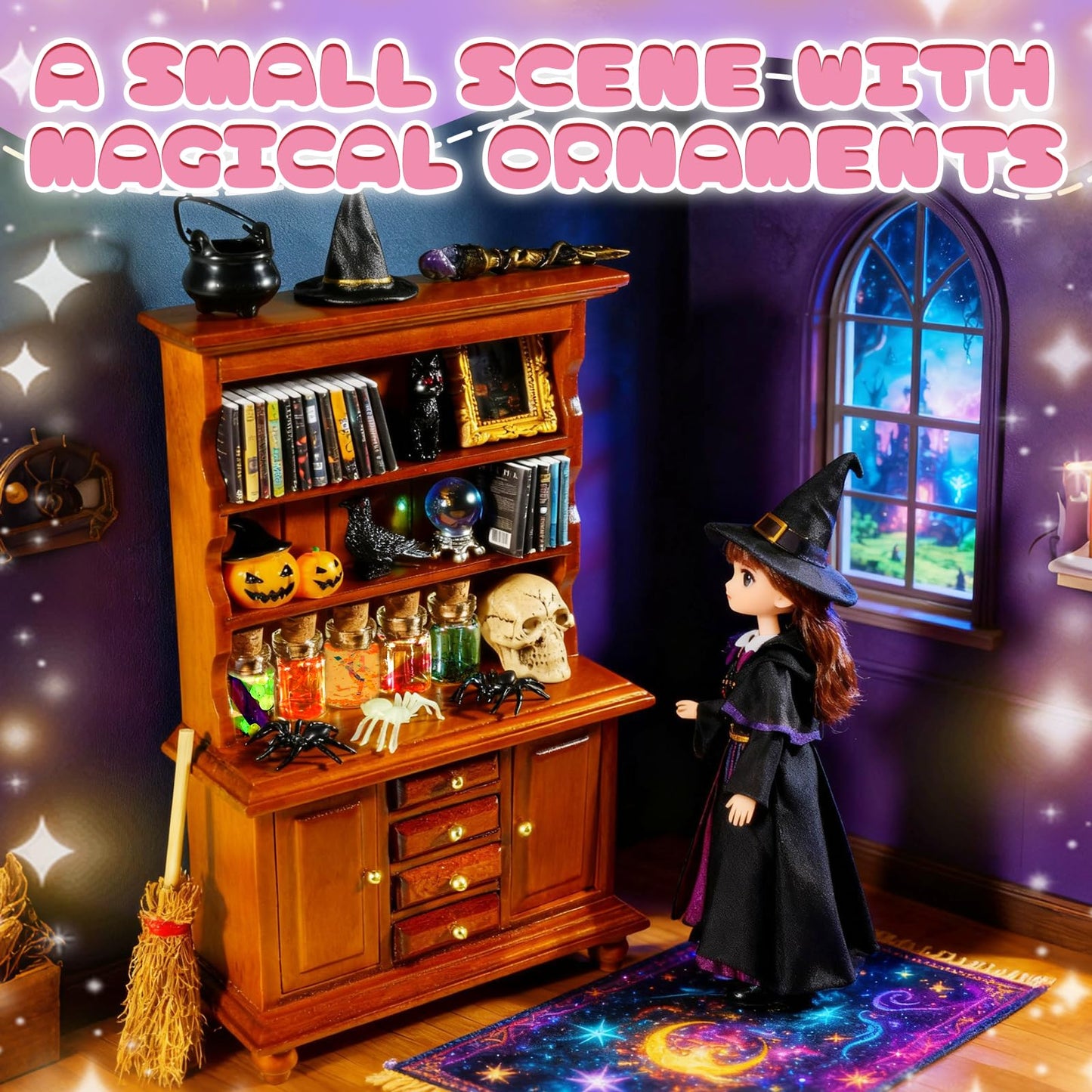 Rileryan 53 Pcs 1:12 Scale Magic Witchy Mini House Kit Halloween Miniatures Accessories Wooden Furnitures Bookshelf Bookcase 30 Mini Books Halloween Decoration