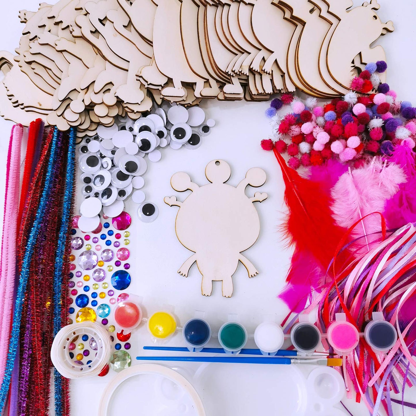36 Sets Valentine's Day Craft Kits DIY Valentine Monster Wood Ornaments Decorations Art Sets Assorted Paintable Unfinished Wood Monster Cutouts Pom-Poms Googly Eyes for Kids Valentine Party Activity