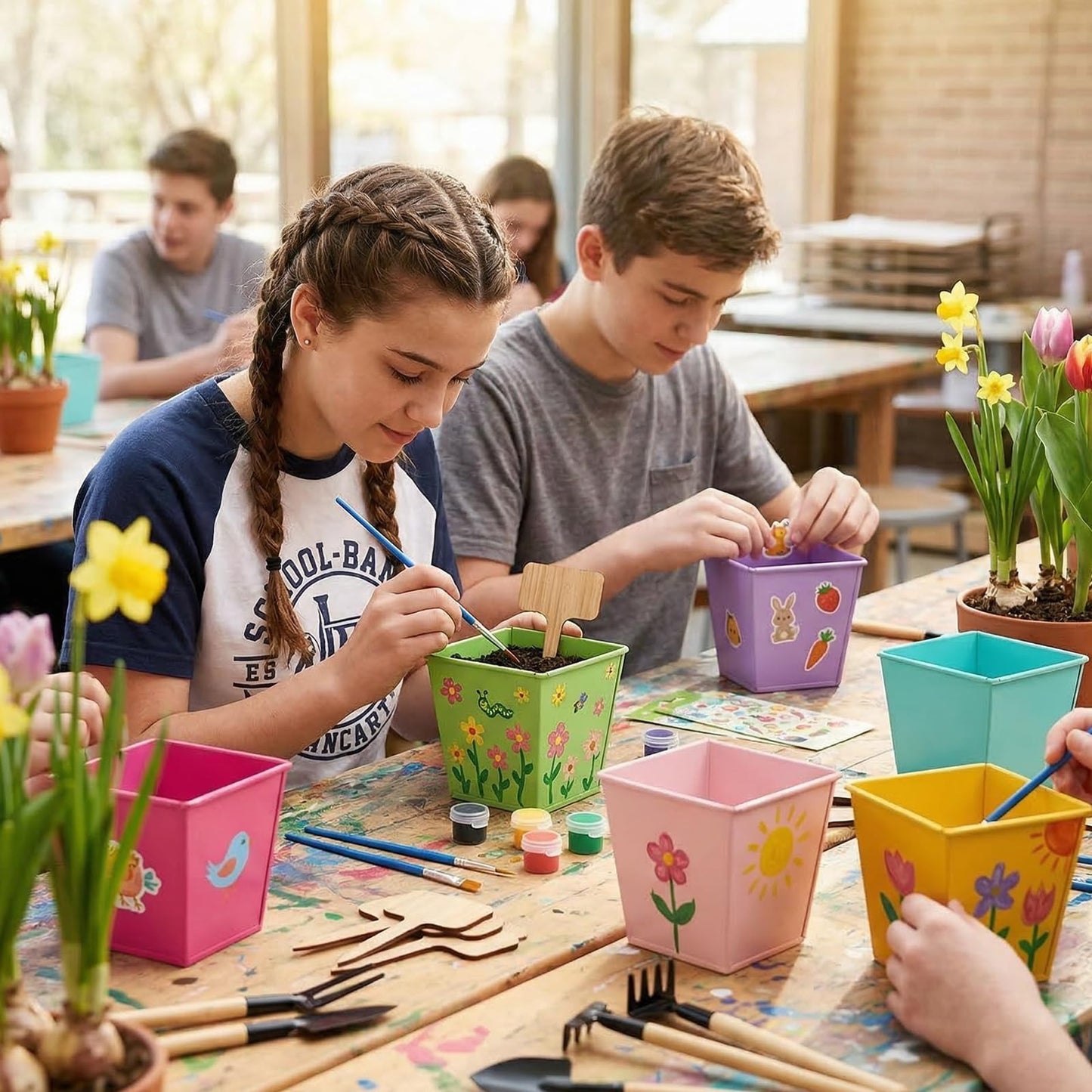 Ferrochef 6 Sets Flower Pot Painting Kit DIY 6 Colorful Metal Iron Plant Pots Acrylic Paint Stickers Brushes Plant Labels Gardening Tool Kit for Planting Crafts Mother's Day Graduation Creative Gift