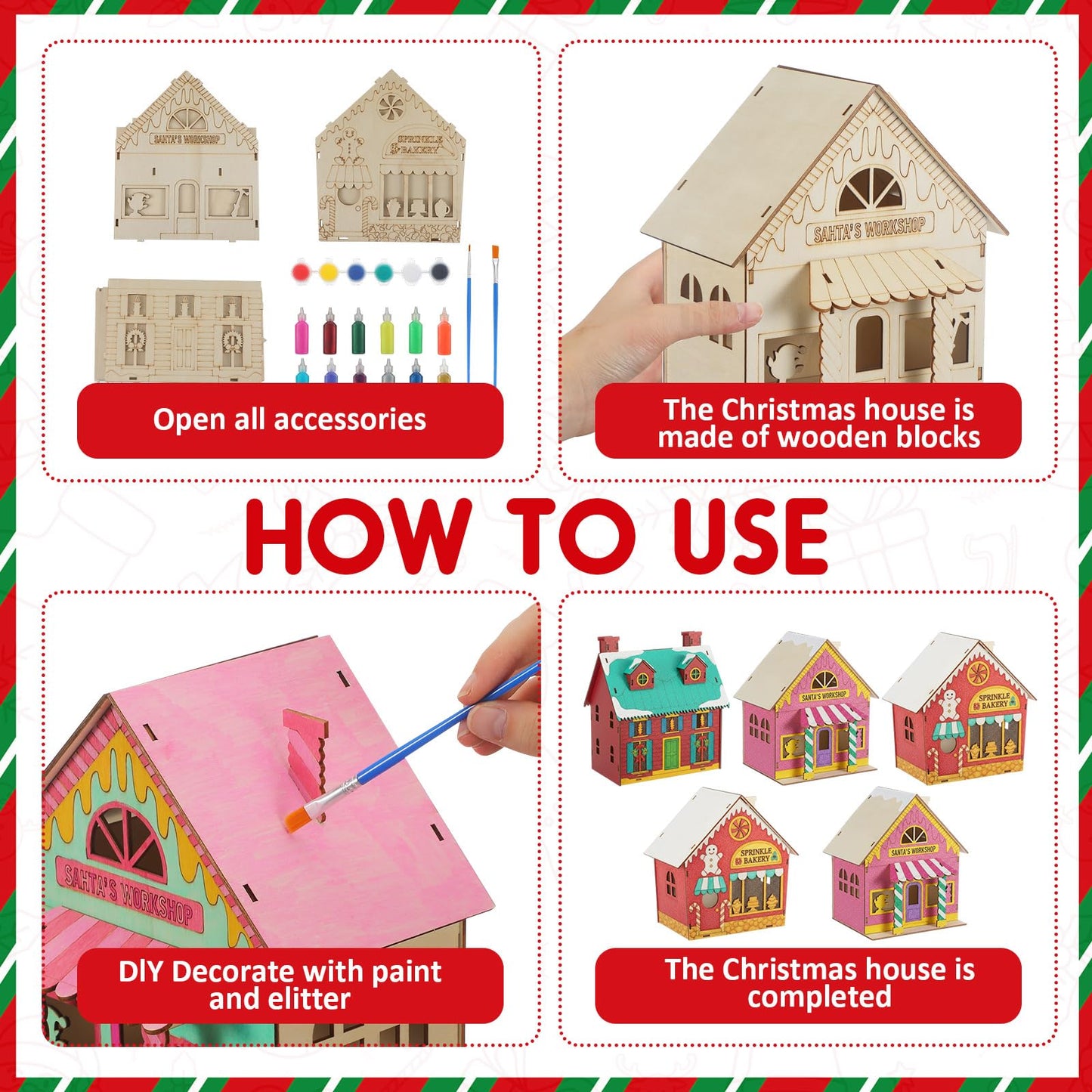 Thyle 6 Pcs DIY Wooden Christmas Gingerbread House Paints Kit, Unfinished Paint and Sip Kit Wooden 3D Holiday House for Adult Craft with Glitter Glue Paint Pen for Christmas Girl Night Art Favor Decor
