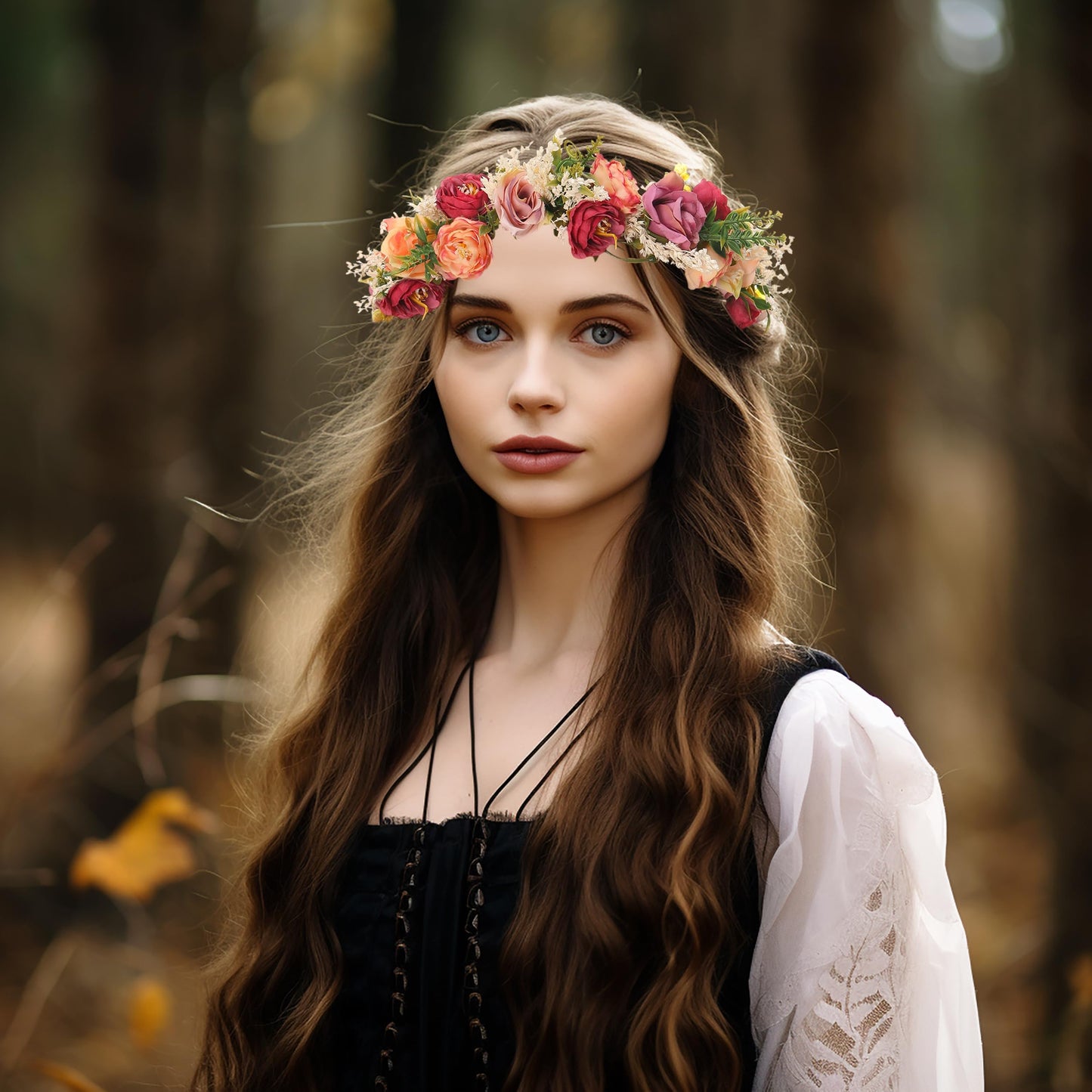 Vivivalue Rose Flower Crown Boho Flower Headband Hair Wreath Floral Headpiece Halo with Ribbon Wedding Party Festival Photos Pink