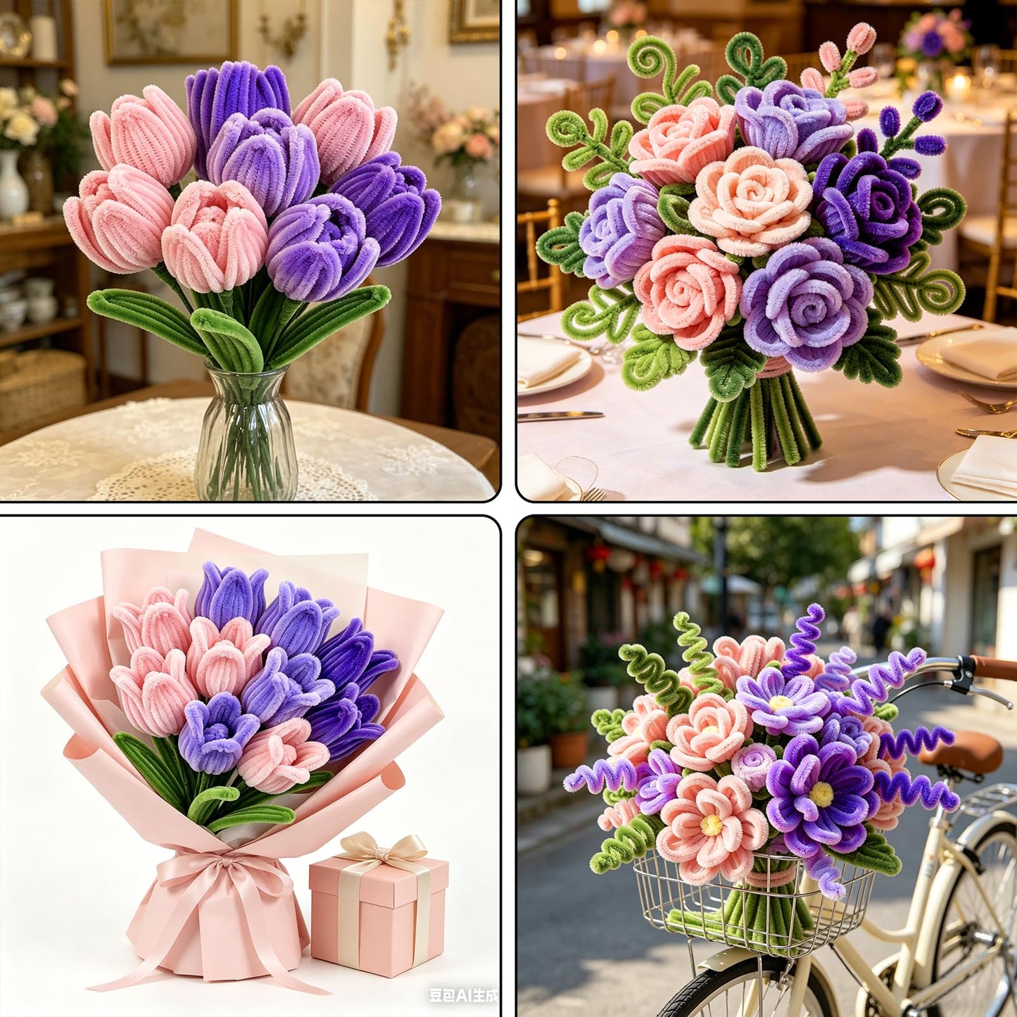 CHRORINE 320 Pcs Pipe Cleaners Bulk Pipe Cleaner Flower Kit Craft Supplies Soft and Flexible Creative Suitable for Art DIY Packaging and Decoration- Purple, Light Purple, Pink, Dark Green