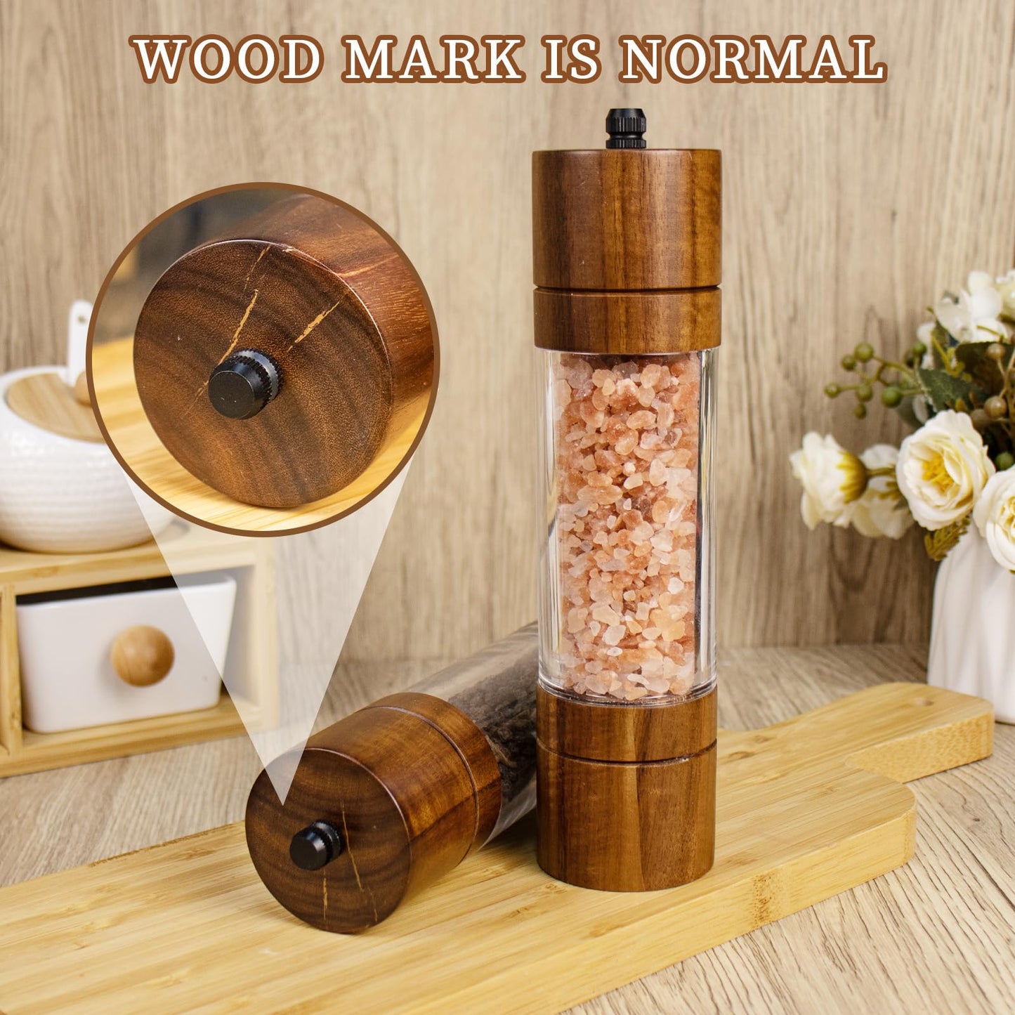 XWXO Acacia Wood Salt Grinder and Pepper Grinder Set Premium Acrylic Salt and Pepper Mill Set, Manual Salt and Pepper Mills- Wooden Shakers with Adjustable Ceramic Core 8 Inches 2 Pack