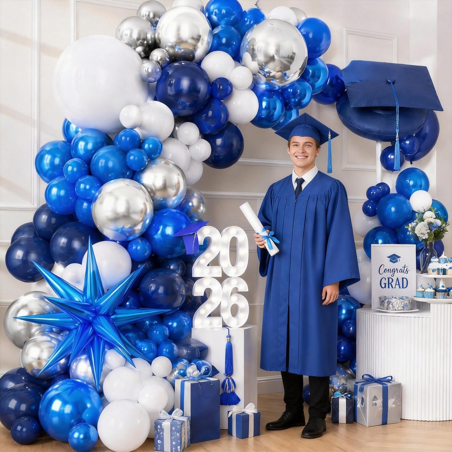 Graduation Balloon Arch Kit 2026 Blue and White Balloon Garland Royal Blue White Silver Balloons with Star Foil for Congrats Grad Class Retirement Prom Birthday Baby Shower Wedding Party Decorations