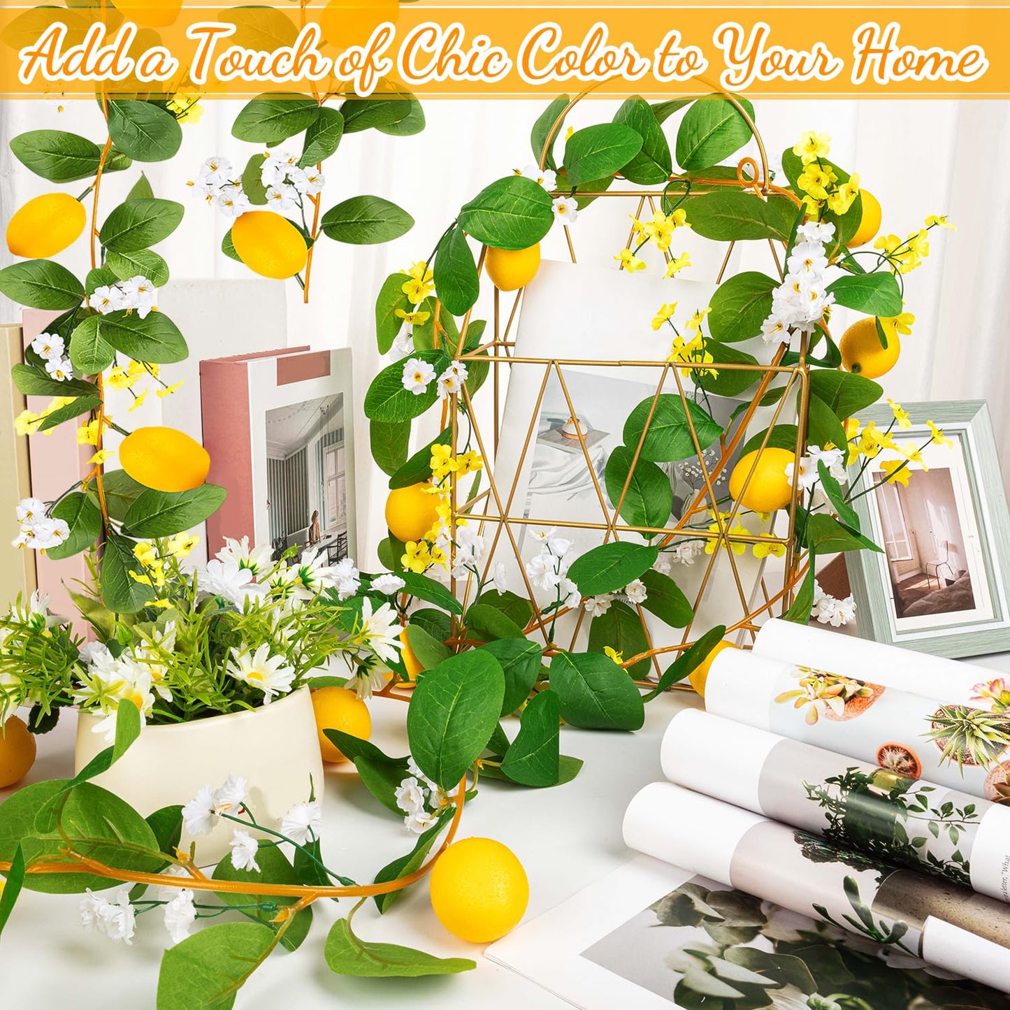 KVCSYAW 2 Pcs Artificial Lemon Flower Garland Vine, 14 Ft Fake Yellow Lemon Vines Silk Flowers Hanging Floral Garlands Decoration for Room Wall, Flower Themed Party, Wedding Supplies
