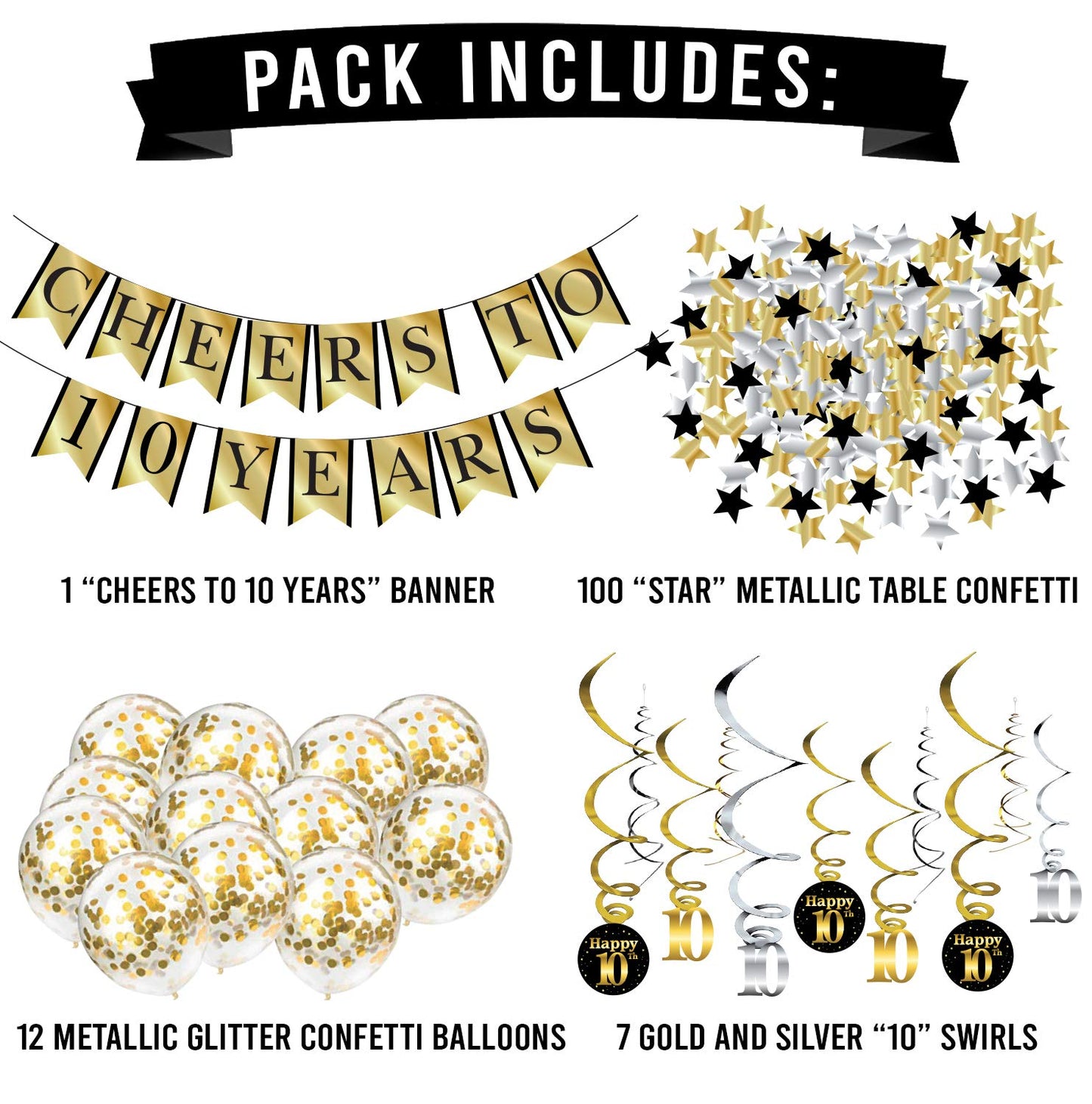 10th Birthday and Anniversary Decorations Party Pack - Pre-Strung Banner, Balloons, Swirls - 10th Birthday Decorations for Him or Her - Party Supplies and Gifts