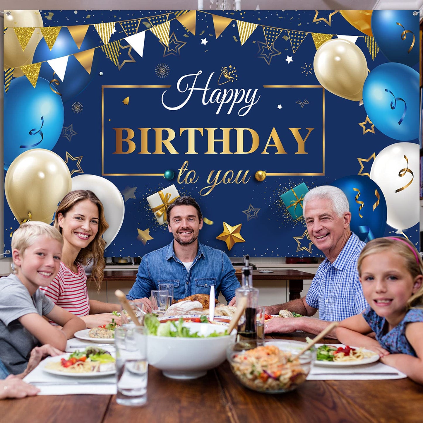 Tatuo Navy Blue Birthday Confetti Balloons Kit Set Photography Backdrop Banner Package for Boys Girls Men Women Birthday Party Decorations Supplies(Navy Blue and Gold)