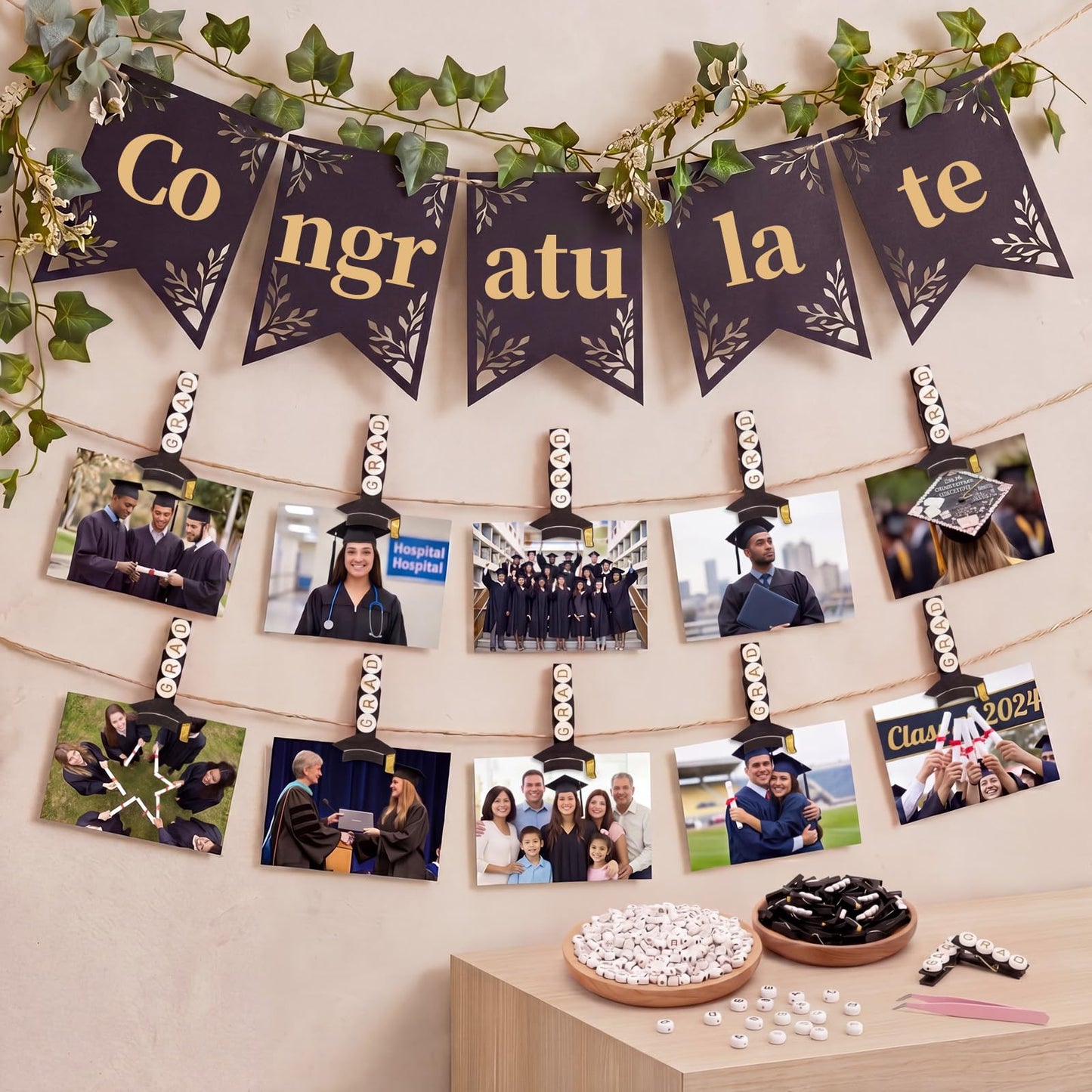 Amyhill Graduation Photo Clips for Picture Display 2026 Graduation Cap Close Pins for Photo Display Banner DIY Craft Kits 50 Clips with 400 Letter Beads 33ft Jute Twine for Grad Party Decorations