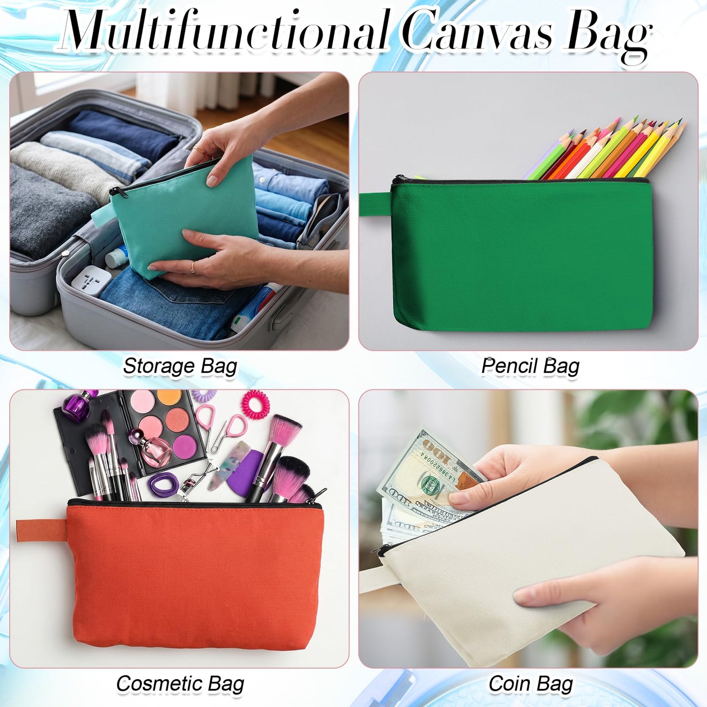 Reginary 100 Pcs Multicolor Canvas Makeup Bag Bulk Portable Travel Cosmetic Pouch Versatile Blank Toiletry Bag with Zipper for Women DIY Craft Purse Pencil Case (7.5 x 5 x 2 Inch)
