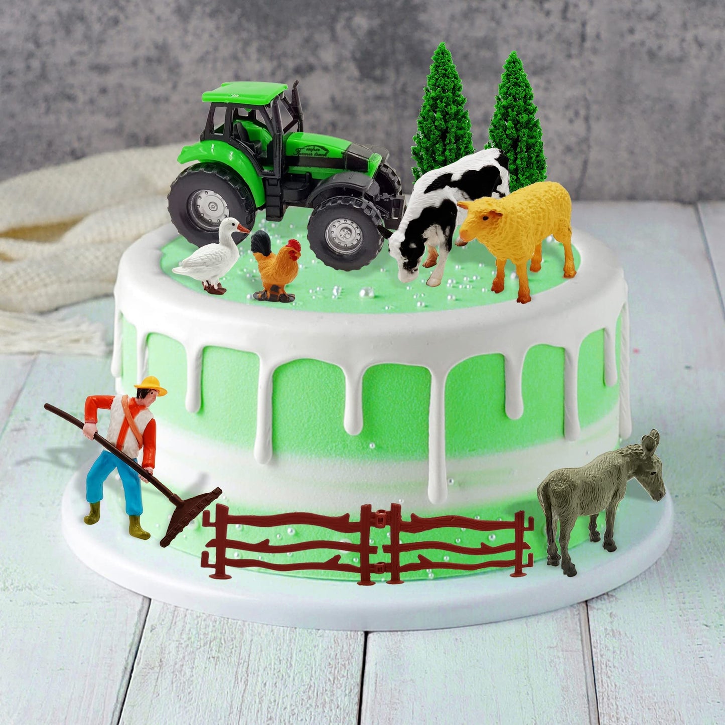 26 PCS Mini Farm Animal Tractor Cake Topper Set with Tree Farmer Fences Cow Pig Sheep Figures Tractor farmer Cake Topper for Boy Girl Birthday Party Decorations