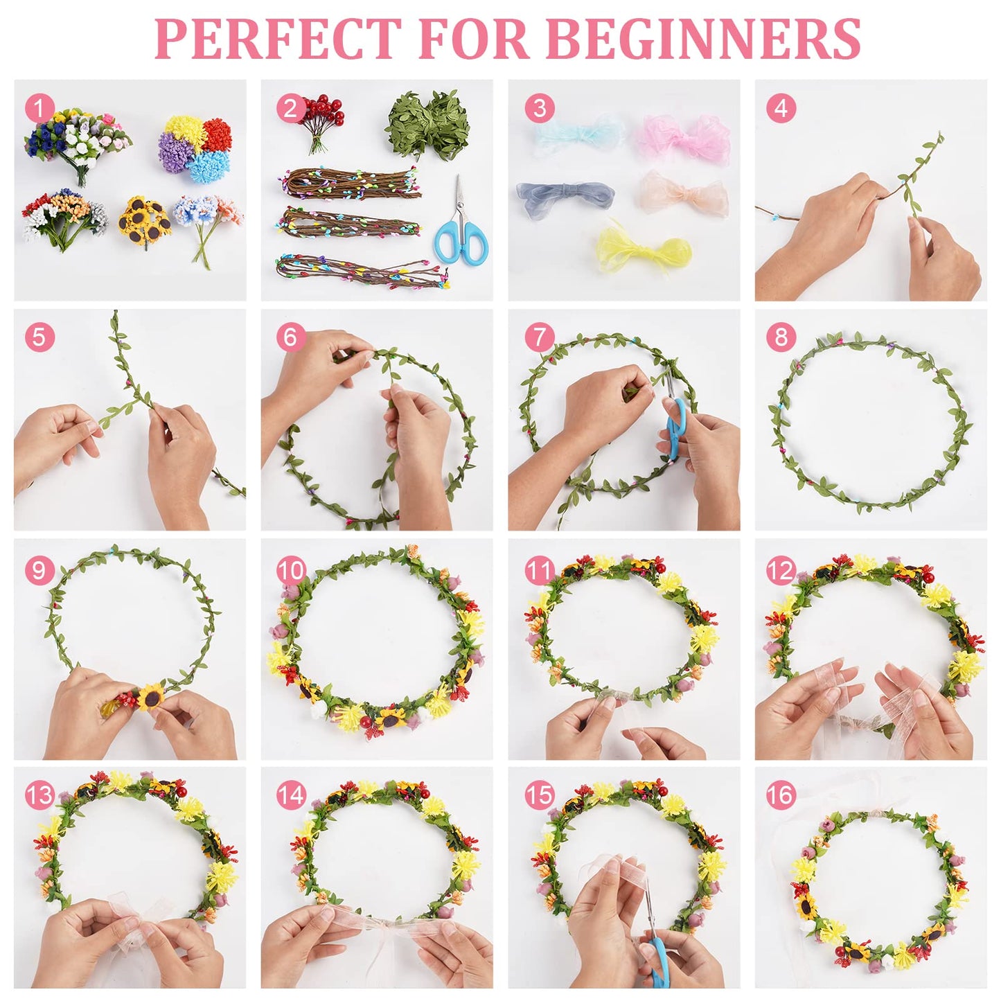 INFUNLY 261pcs/Set DIY Flower Crowns Making Kit Handmade Floral Crown Garland Kit Make Your Own Flower Wreath Bridal Shower Wreaths Gift for Women Wedding Home Decor