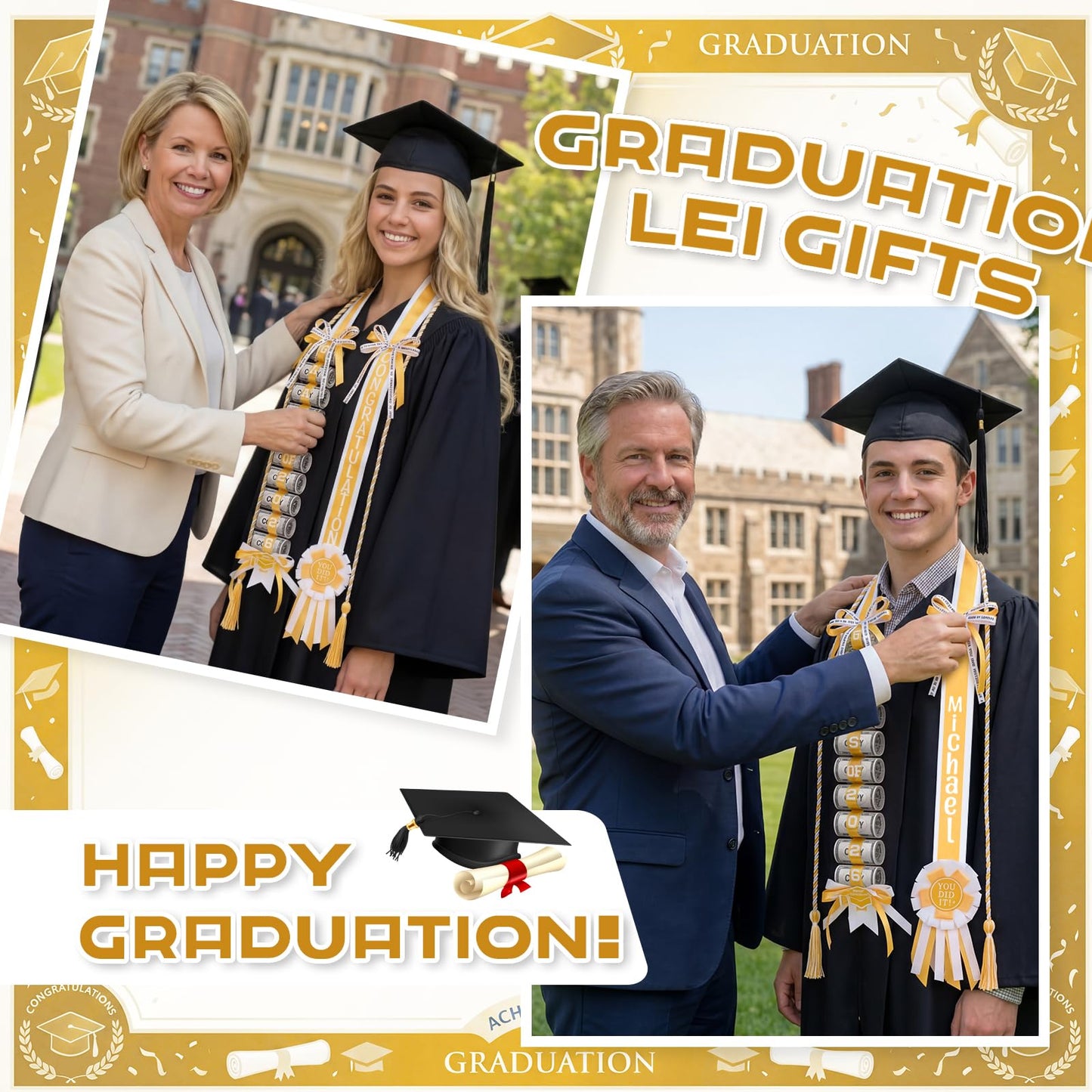 Spakon Graduation Money Lei with Cash Holder, 48 Inch 2026 Graduation Ribbon Lei with Honor Cord 2026 Grad Braided Necklace for DIY Women Men College Party Decor Supplies Grad Cash Gift(White, Gold)