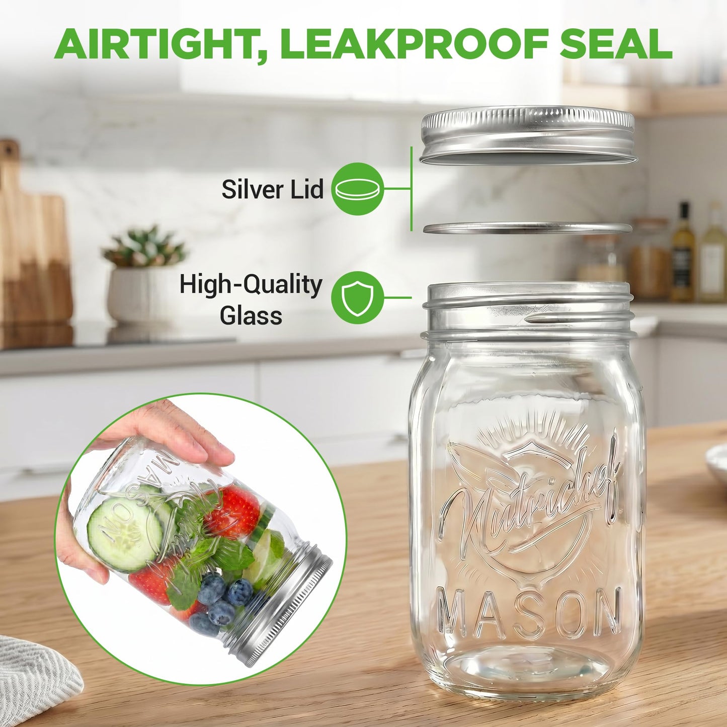 NutriChef 4-Pack 16 oz Mason Jars with Lids - Thick Glass Canning Jars with Stainless Steel Lids - Ideal for DIY Spices, Meal Prep, Overnight Oats, Jelly, Jam, Honey, Candles, Crafts, & More