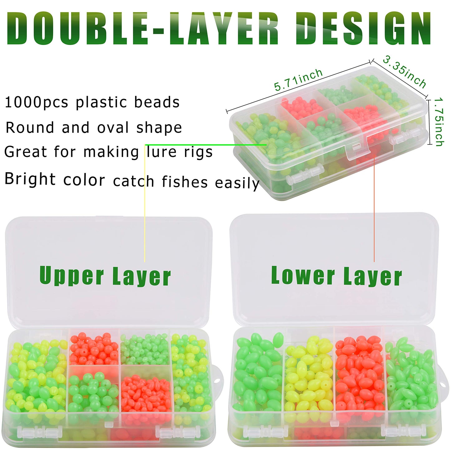 AGOOL Fishing Beads Assorted Set, 1000pcs Glow Beads Fishing Bait Eggs Soft Plastic Oval Round Luminous Beads Fishing Line Beads Fishing Lures Fishing Tackle Tool for Deep Drop Fishing Night Fishing