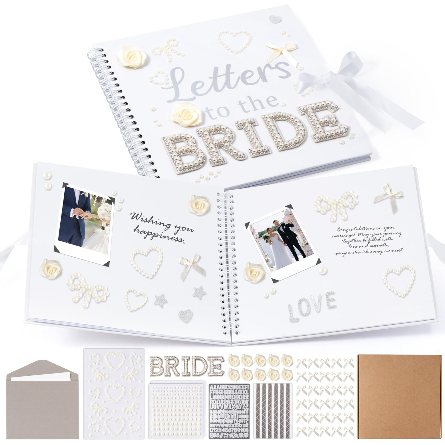 WATINC Letters to The Bride Scrapbook Kit - 8x8 Inch DIY Wedding Photo Album Guest Book for Bridal Shower Bachelorette Party, Beige Memory Book with 3D Flower Bow Envelopes Pearl Letters Stickers