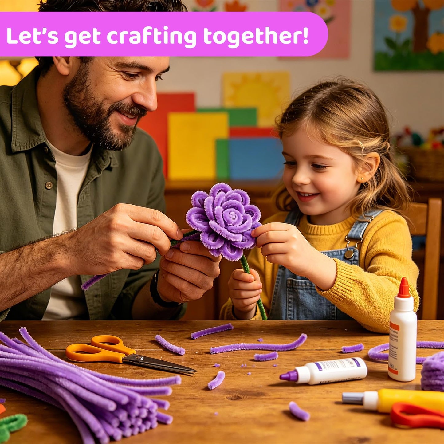 CITYBAN 400PCS Pipe Cleaners Craft,5 Assorted Pipe Cleaner Flower Kit,Kit with Floral Wires, Gardening Tape, Stamen, Floral & Ribbon, Pipe Cleaners Bulk,Ideal for DIY Projects（Purple）