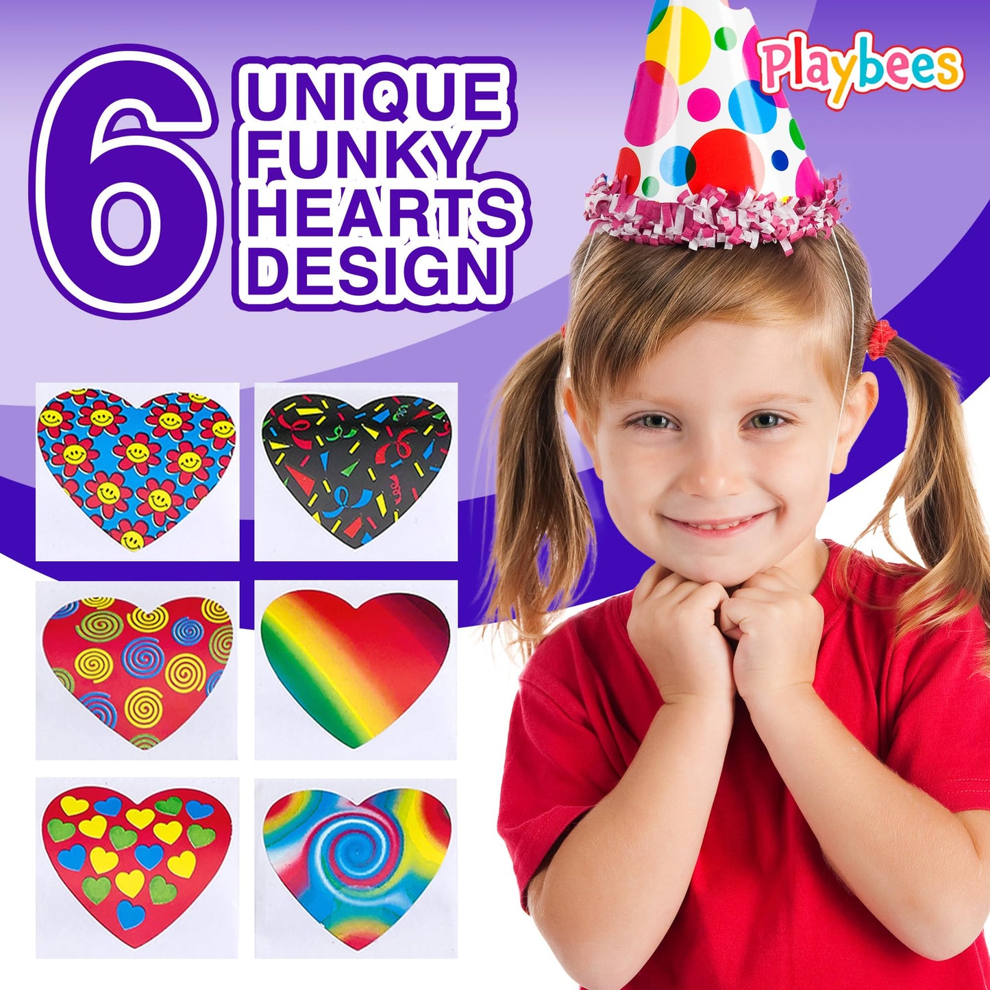 Playbees Funky Heart Stickers for Kids - 400 Pack of Rainbow Heart Themed Designs - Valentine’s Day Kids Educational Arts and Crafts, Scrapbooking, Teacher Awards, Classroom Prize, Encouragement