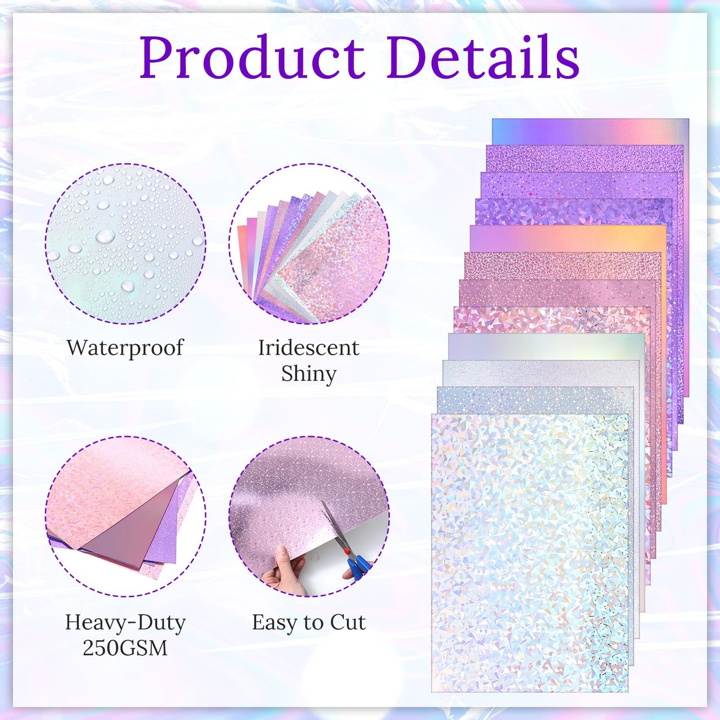 Kifmurase 120 Sheets Metallic Holographic Card Stock, Shiny Glitter Card Stock, Glitter Iridescent Mirror Paper 11.7 x 8.3'', 250GSM 12 Mixed Colors Foil Paper for Scrapbook, Cards Making, Crafts