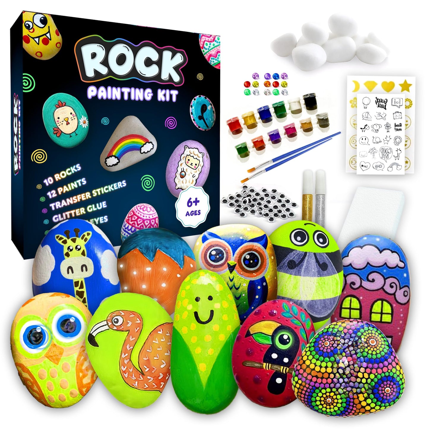 Rock Painting Kit for Kids 6-12 - 90+ Pcs Arts and Crafts Kit for Kids Painting - 10 White Rocks, 12 Paint Colors, Glitter Glue, Googly Eyes & More - Rock Art Supplies- DIY Arts & Crafts Easter Gifts