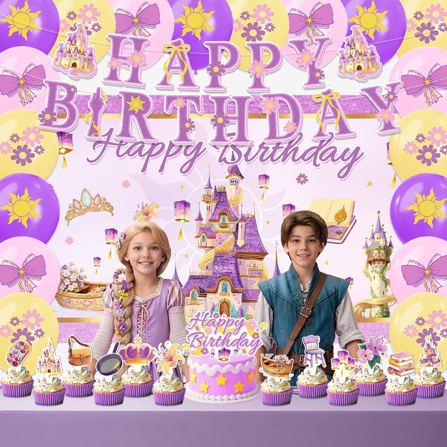 42pcs Purple Castle Birthday Party Decorations Includes Cake Toppers,Cupcake Toppers, Banner, Backdrop, Balloons - Princess Theme Party Supplies Set for Baby Shower