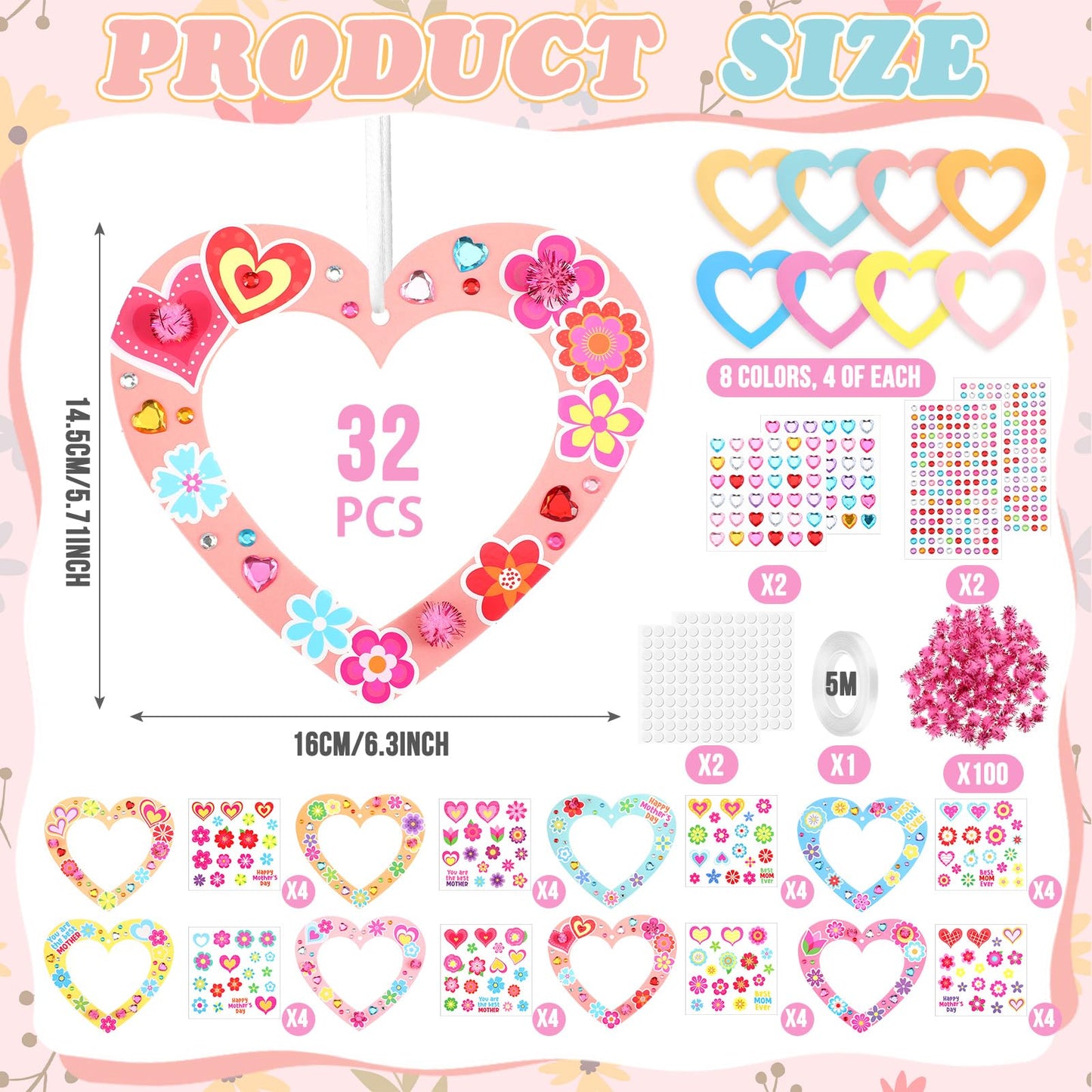 Motipuns 72 Pcs Mothers Day Craft Kits DIY Mother's Day Craft with Heart Wreath Heart Flower Gem Stickers Pom Poms Ribbon Foam Dots Paper Gifts for Mom Grandma Ladies DIY Activity
