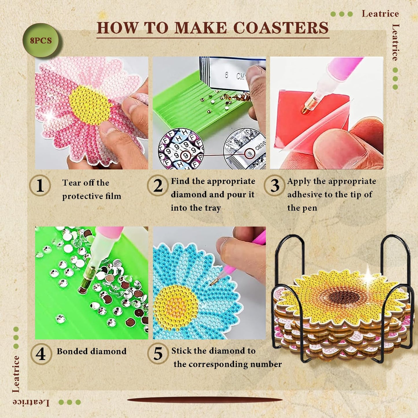 Leatrice 8PCS Flower Diamond Art Coasters Small Diamond Painting Kits for Adults Beginners Women Gem Art Coasters with Holder Funny DIY Crafts for Home Decor