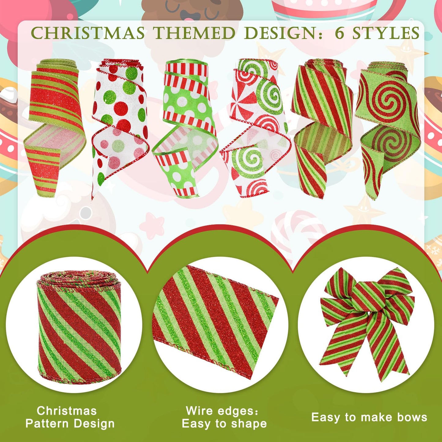 Whaline Christmas Ribbons 36 Yards Dot Stripe Candy Wired Edge Ribbon Red Green Fabric Craft Ribbon for Xmas Wreath Bow Making DIY Crafts Wrapping Supplies, 6 Rolls