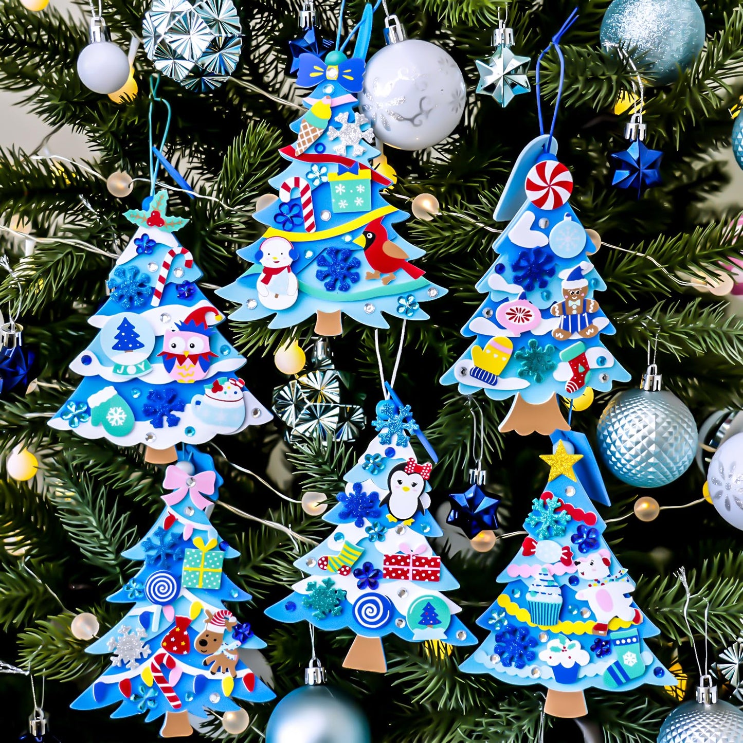 Winlyn 24 Sets Winter Decorations DIY 3D Pine Tree Ornaments Christmas Craft Kits Foam Tree with Festive Snowflake Foam Stickers for Kids Holiday Seasonal Gift Home Classroom Activities Party Favors