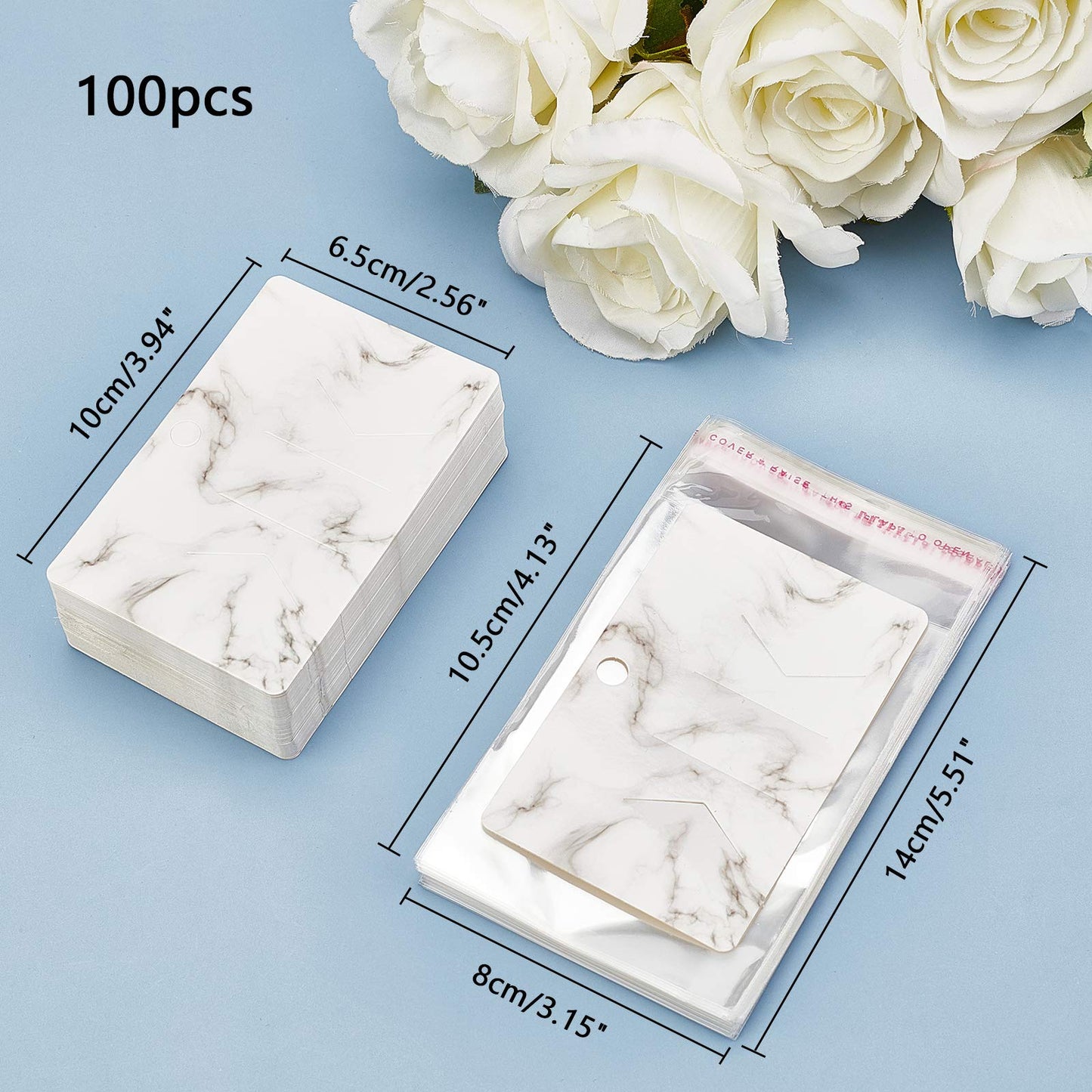 PH PandaHall 100pcs Hair Bow Holder, Marble Pattern Hair Clip Display Cards 3.9x2.5” Rectangular Cardboard Hair Clip Hanger with 100pcs OPP Bags for Jewelry Hair Accessory Selling Small Business
