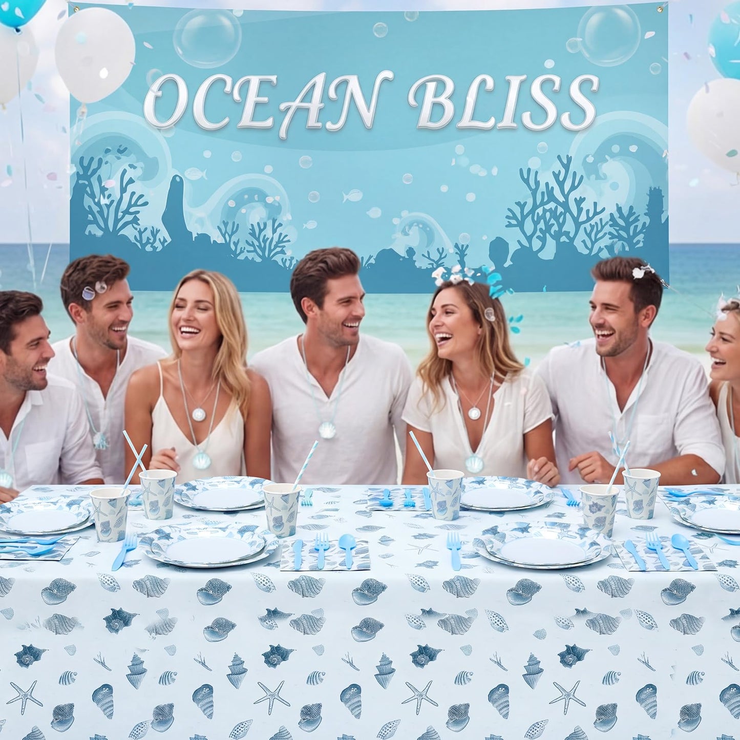 LemonRoad 452 Pcs Ocean Beach Seashell Party Decoration for 50, Coastal Seashell Paper Plates Napkins Cup Tablecloth Cutlery Straw Under The Sea Tableware for Summer Birthday Bachelorette Party Supply