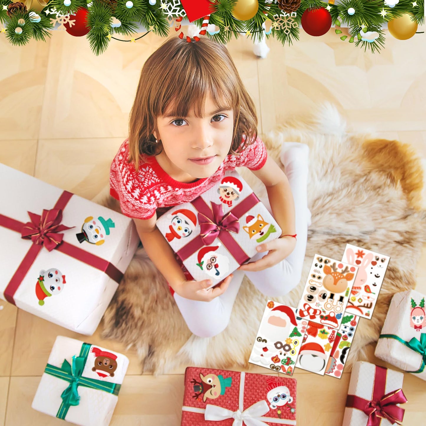 Geosar 100 Sheets Christmas Party Sticker Make Your Own Santa Gingerbread Man Snowman Reindeer Face Sheet Stickers for Christmas Party Craft DIY(Lovely)