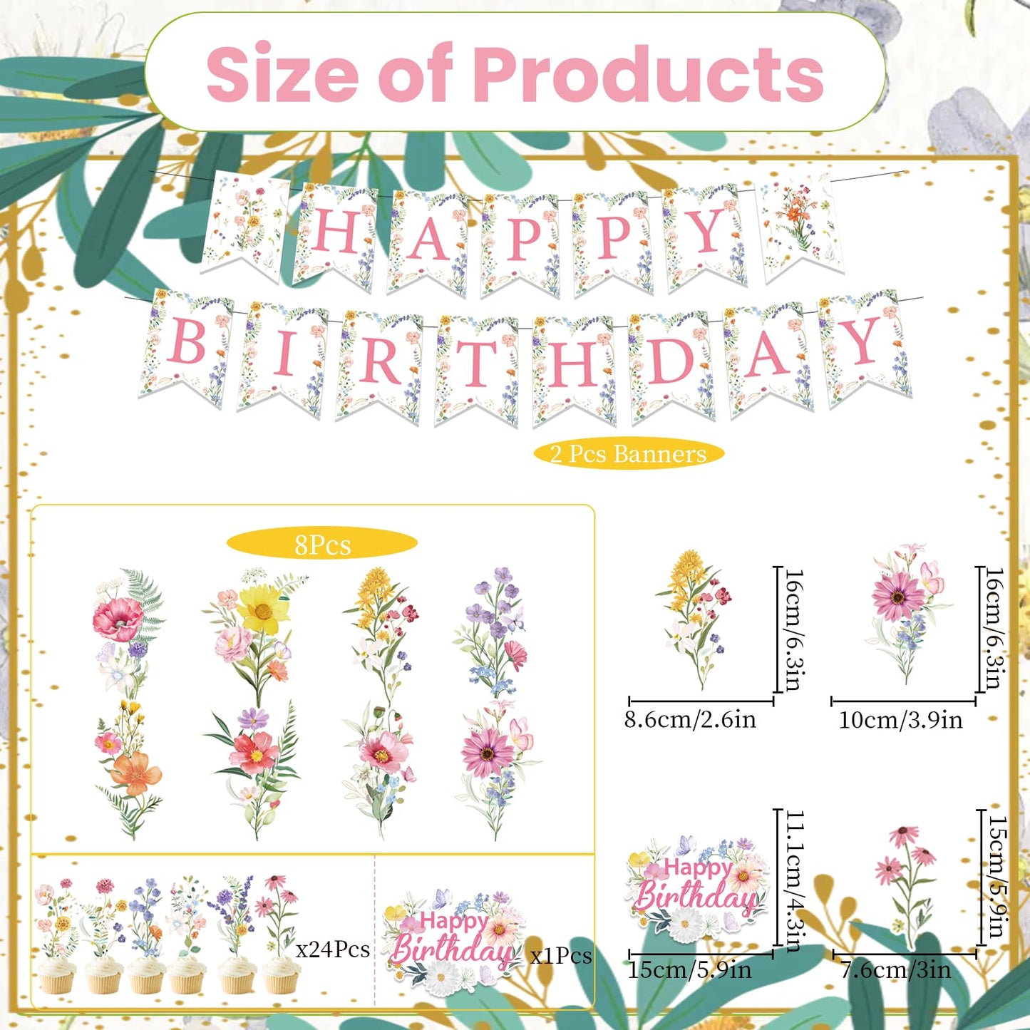 Rngmsi Wildflower Birthday Party Decorations - 35PCS Wildflower Happy Birthday Banners and Hanging Swirls Decoration for Girls Floral Cake Cupcake Toppers Party Decor Flower Theme Supplies for Women