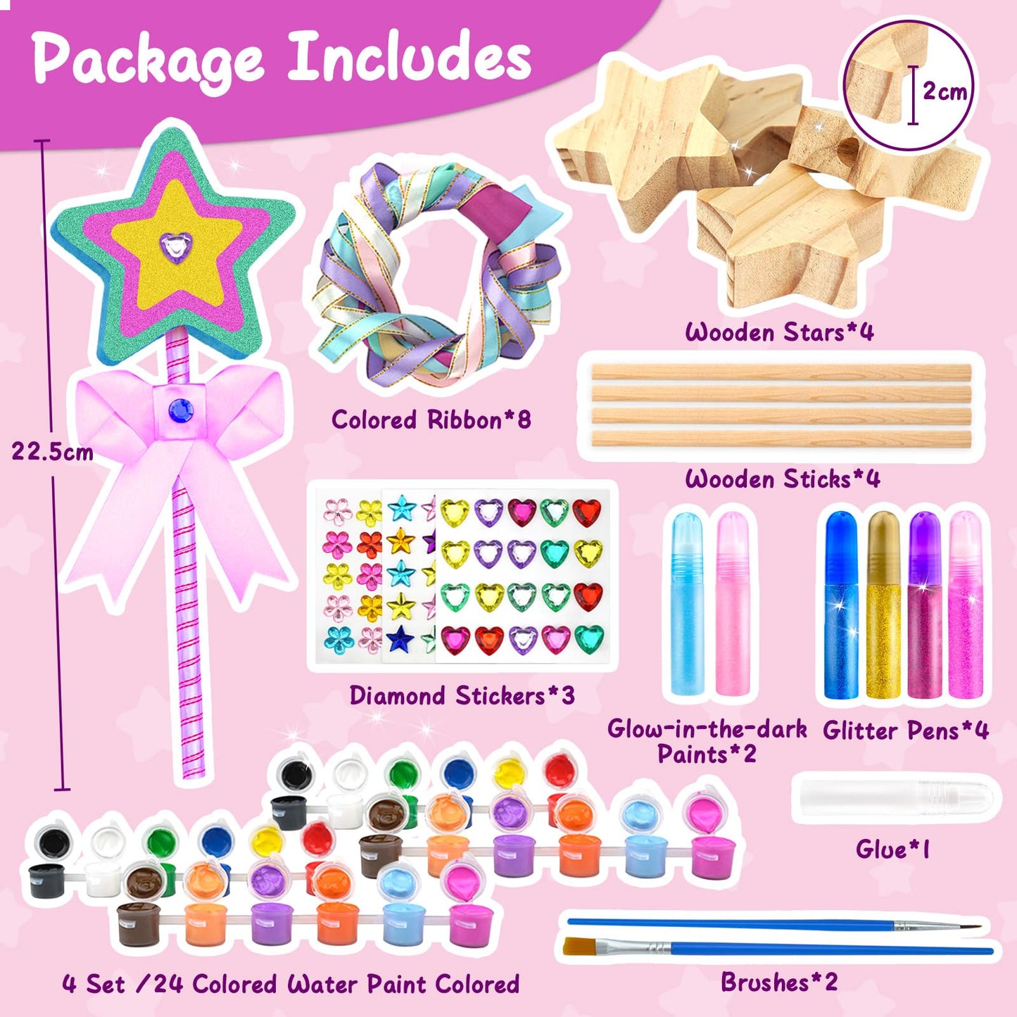 Ambesi Make Your Own Princess Wand Craft Kit, 4PCS Thick Wooden Fairy Wands with Gem Stickers & Ribbons, Art Kits for Toddler, Girls Painting Crafts Birthday Holiday Gifts for Girls Ages 3 4 5 6