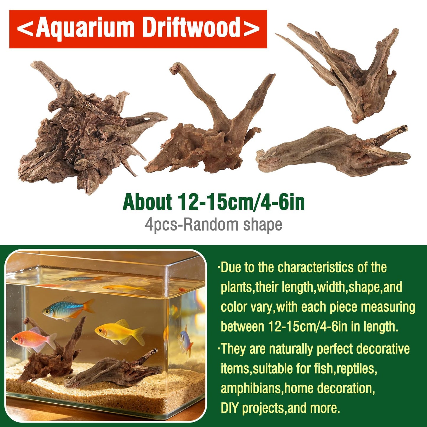 Packsy 4pcs Natural Aquarium Driftwood Decoration,Perfect for Aquascaping,Fish Tanks and Reptile Habitats,Enhances Underwater Aesthetics and Provides Hiding Spots for Fish(4pcs/4-6inches)