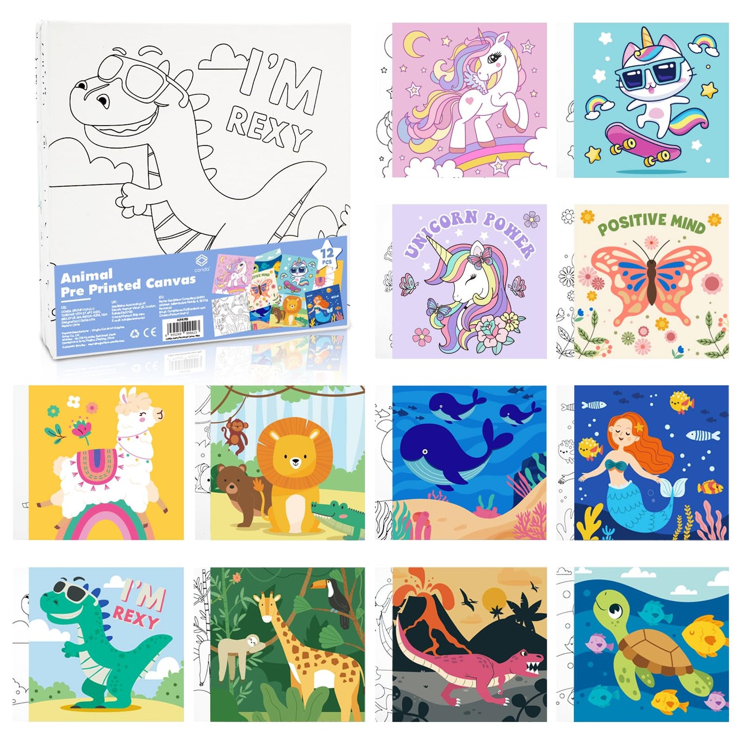 CONDA 12 Pcs Pre Drawn Canvas to Paint 6x6 Inch, Animal Pre Printed Canvas for Painting for Beginners Students, DIY Paint Art Supplies, Painting Canvas Panels and Sip Kit
