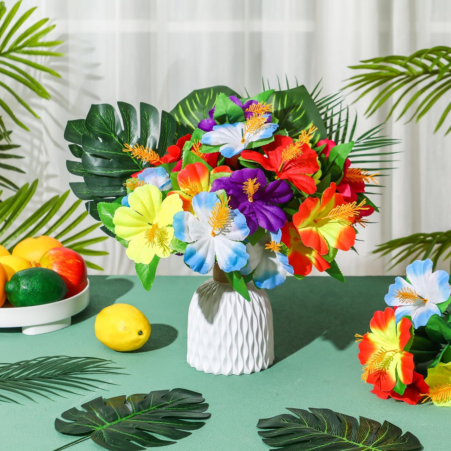 Hotop 24 Pcs Hawaiian Flower Centerpieces for Tables Artificial Palm Leaves Fake Hibiscus Flowers Tropical Party Decorations Supplies for Luau Safari Jungle Beach BBQ Theme Party Birthday Table Decor