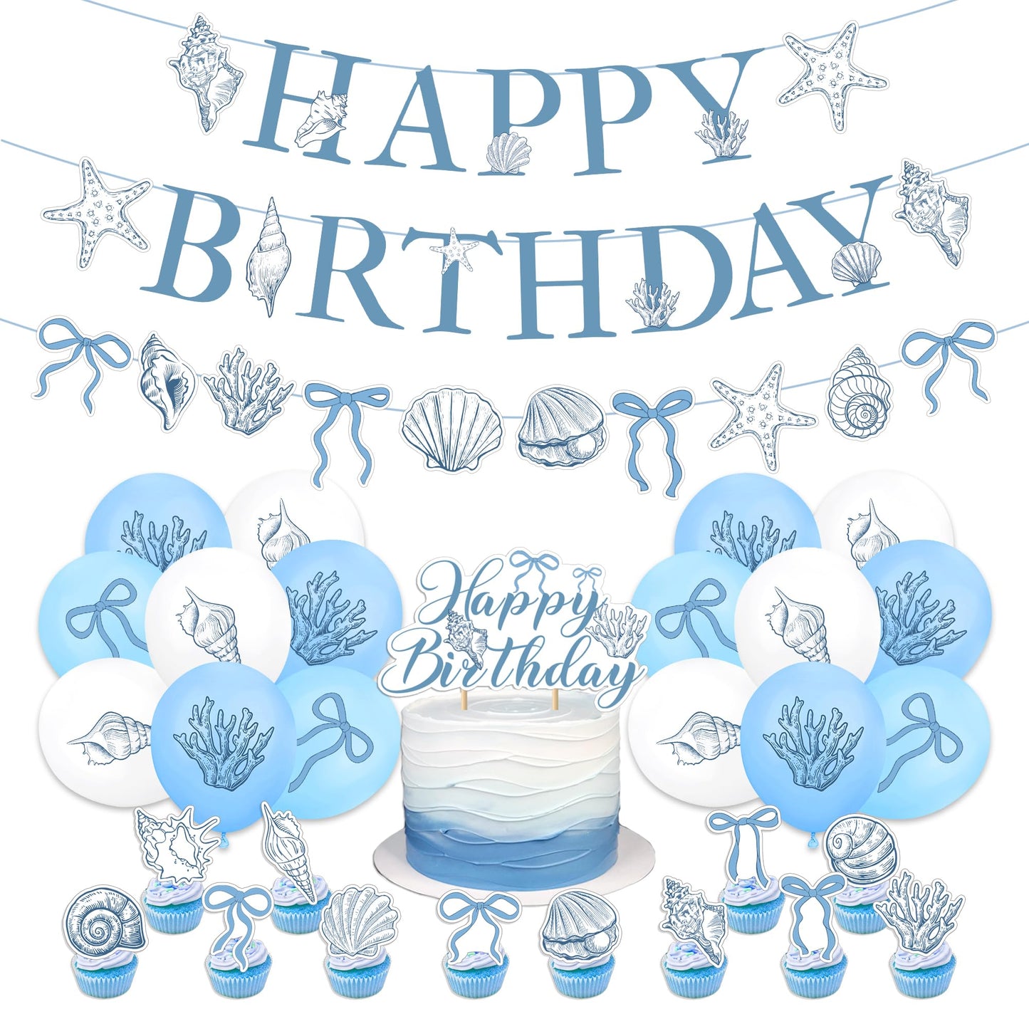 Blue Bow Starfish and Seashell Garland Ocean Coastal Nautical Beach Party Under The Sea Paper Bow Hanging Banner Cake Cupcake Toppers and Balloons for Summer Birthday Wedding Baby Shower Decro