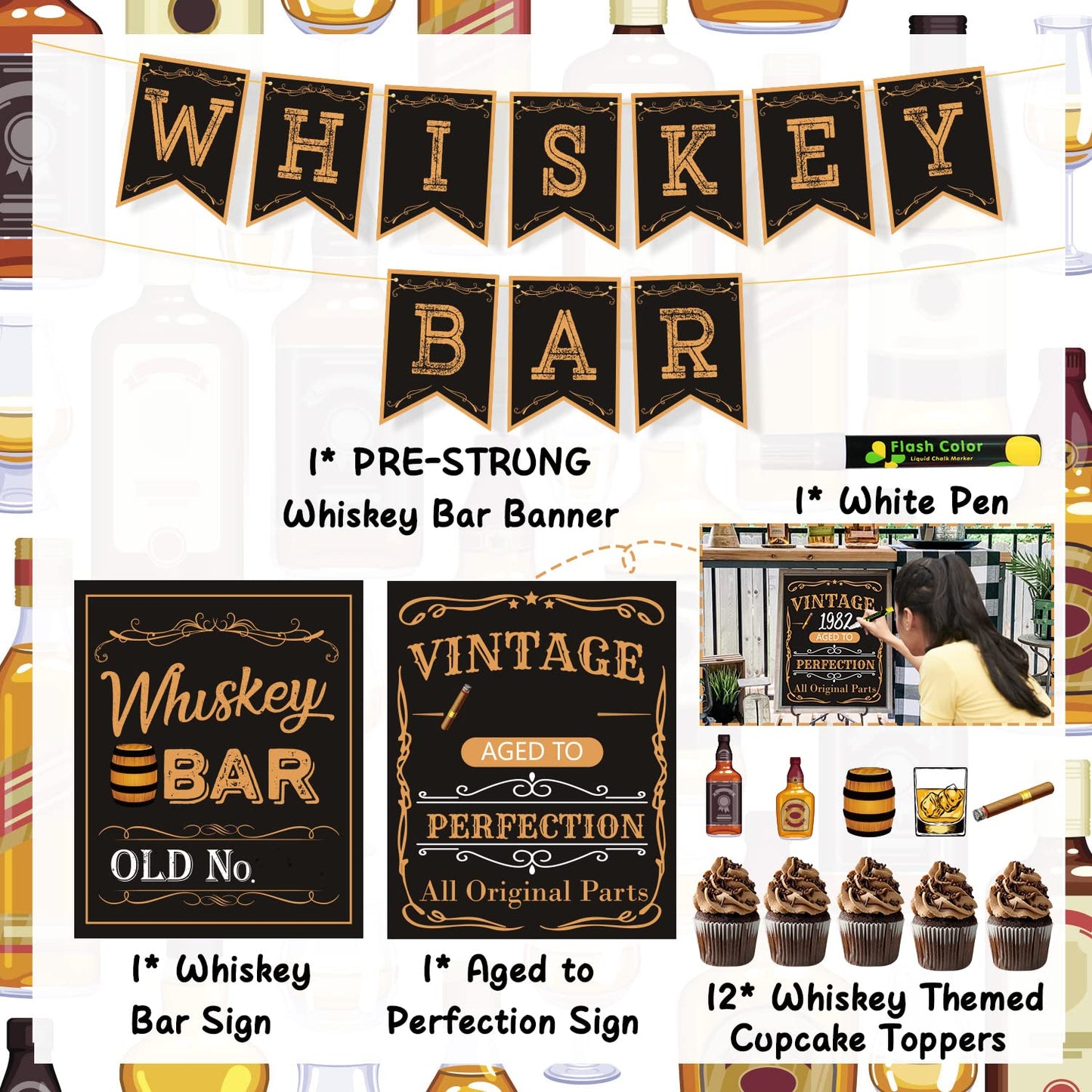 Whiskey Bar Decoration Kit, DIY Whiskey Bar Sign Aged to Perfection Party Sign Cake Toppers for Men 30th 40th 50th Birthday Decorations Aged to Perfection Party Supplies