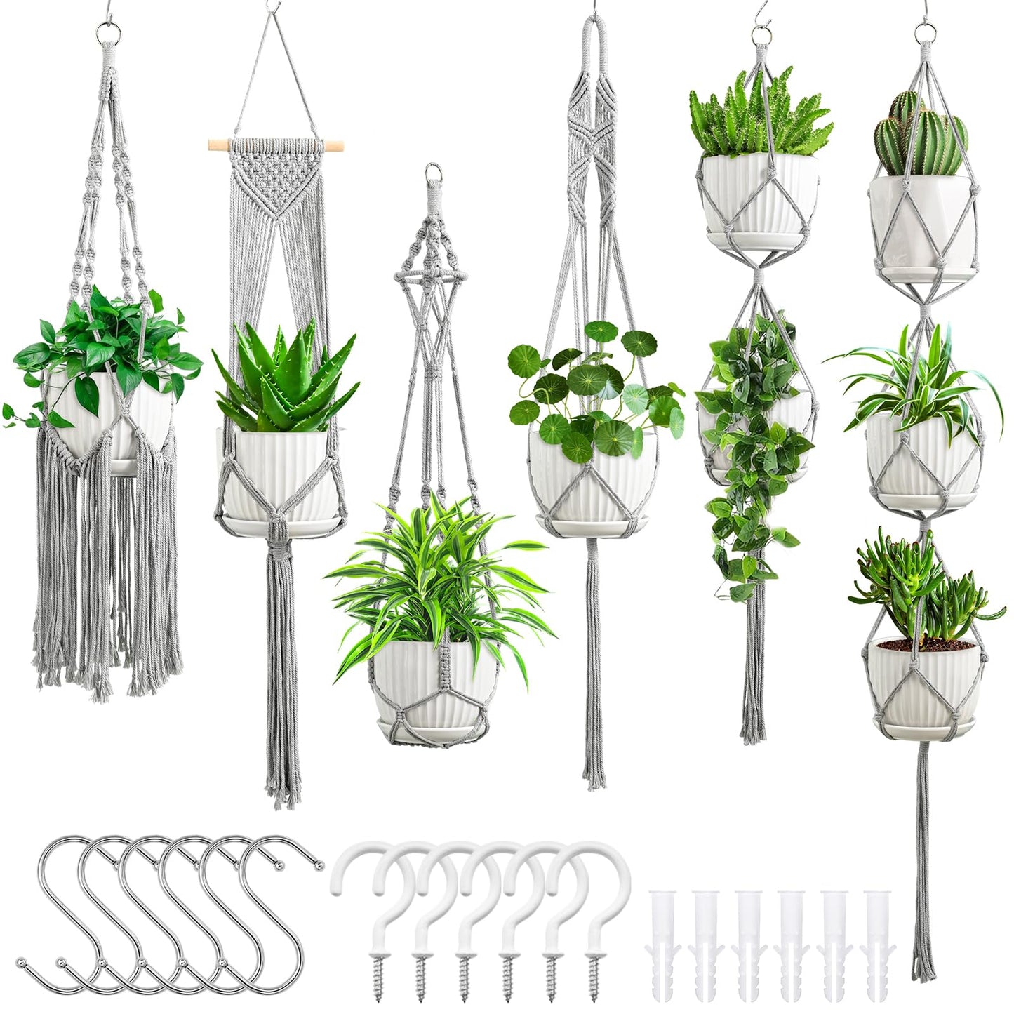 SFENNGPET Macrame Plant Hangers, 6Pack Hanging Planters for Indoor Plants w/ 6 Set Hangers Kit Handmade Macromay Plant Hangers Indoor Flower Pots Holder Stand for Boho Home Décor (POTS NOT Included)