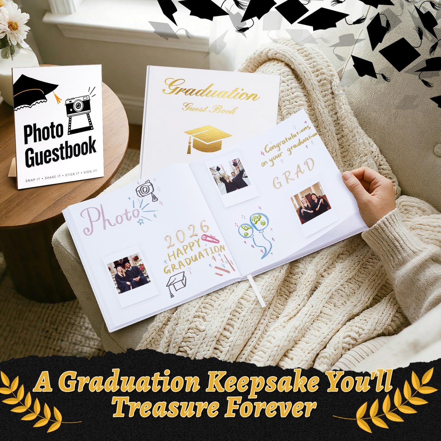 LawnIdyll 2026 Graduation Guest Book with Photo Sign Metallic Pens Stickers 144 Pages Class of 2026 Scrapbook Album Gift Memory Book for High School College Graduation Party Supplies (White)