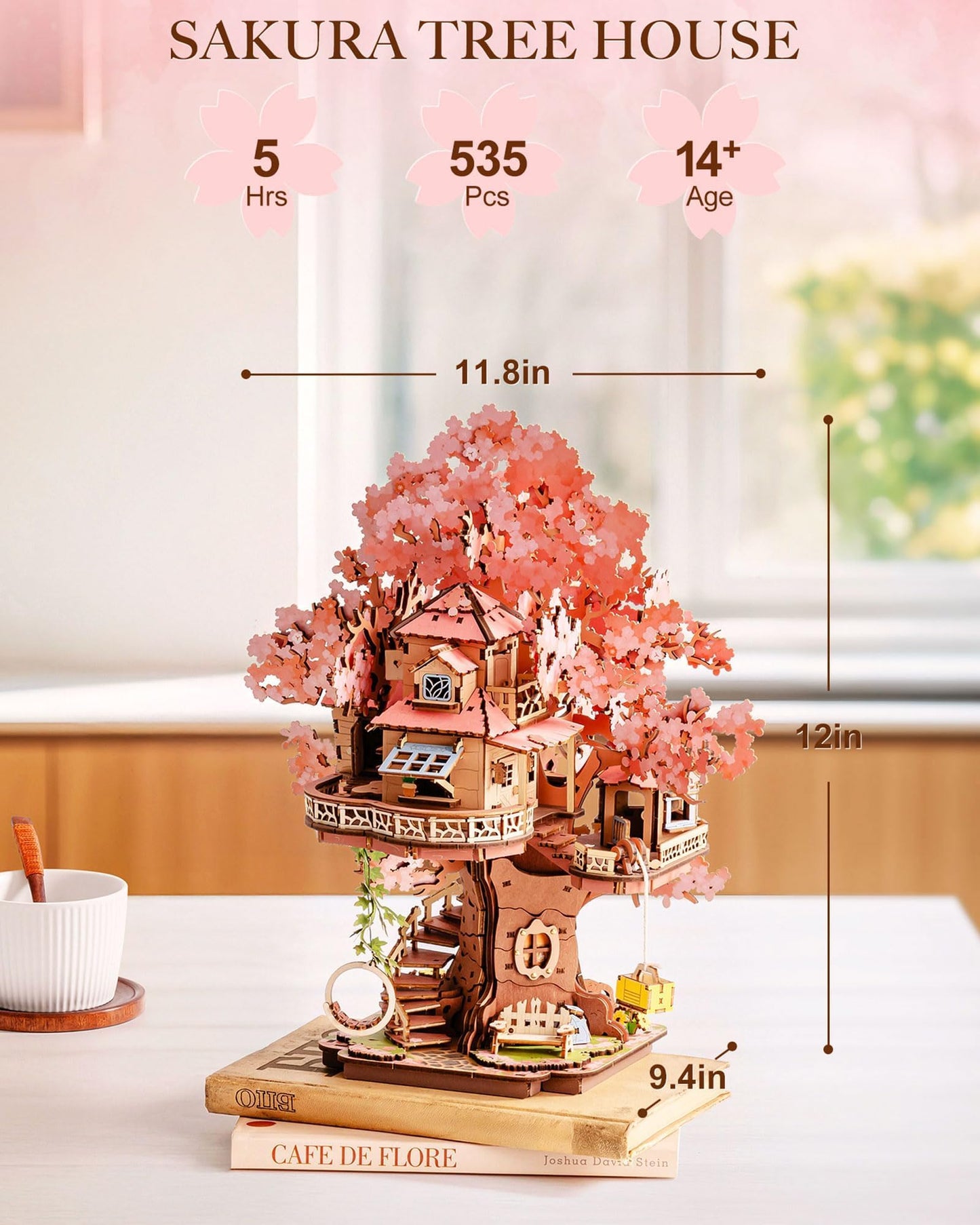 Rolife DIY Miniature House Kits Sakura Tree House 12" 3D Wooden Puzzles for Adults, Japanese Cherry Blossom Model Building Kit, Bonsai Craft Home Decor Gifts for Adults Family