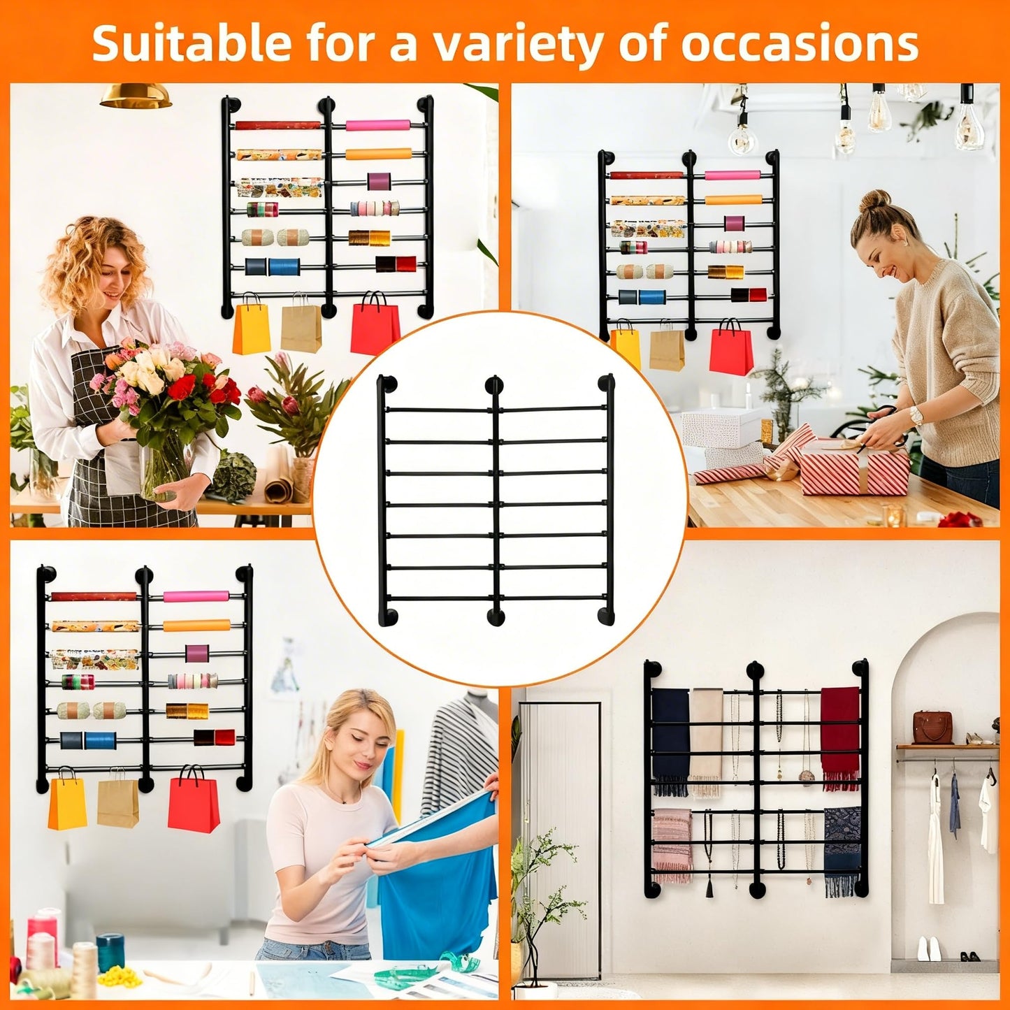 Xbsyhx 7-Tier Double Row Metal Ribbon Organizer Wall Mount, 14 Removable Rods Large Capacity Storage Holder Rack, Heavy Duty Craft Room Organization for Flower Shop DIY Yarn Gift - Black