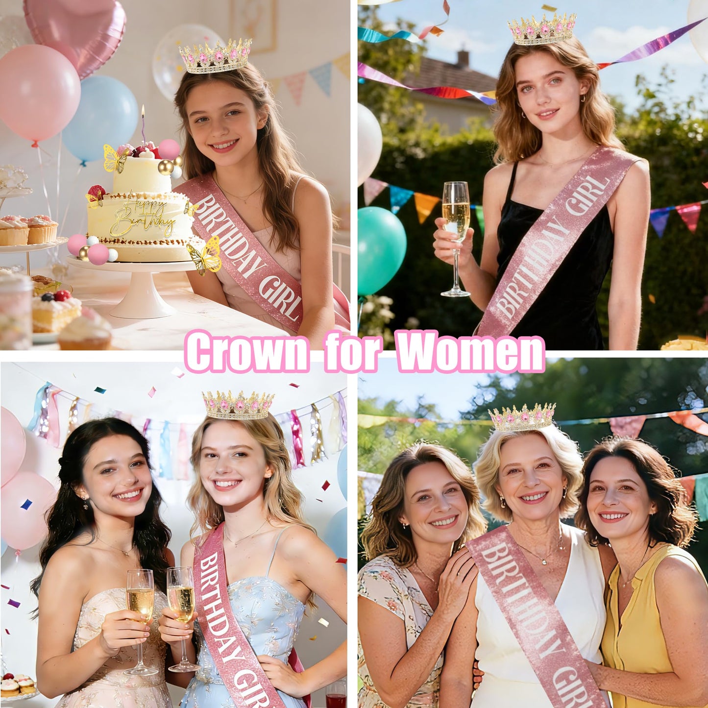 AMZVALU Crown & Birthday Sash for Women - Crown Happy Birthday Cake Topper Candles Balls Butterfly | Corona Para Pastel | Sweet Crown Decorations for Queen Princess Bride Wedding Prom (Gold, Pink)