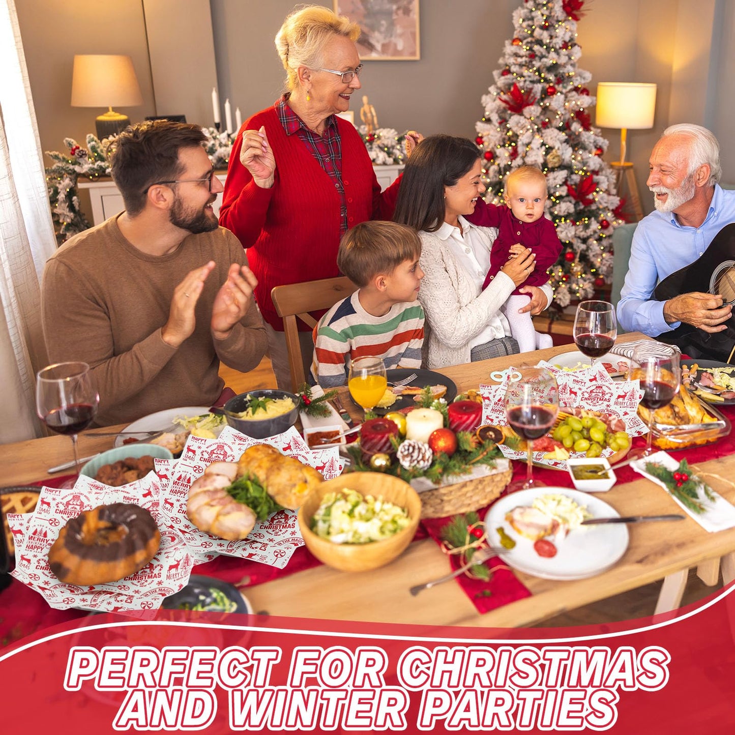 Tenceur 150 Pcs Christmas Wax Paper Sheets Parchment Deli Wraps Tissue Paper Baking Cookies Sandwich Decorative Wax Sheets Food Basket Liner Greaseproof Supplies(Red Reindeer)